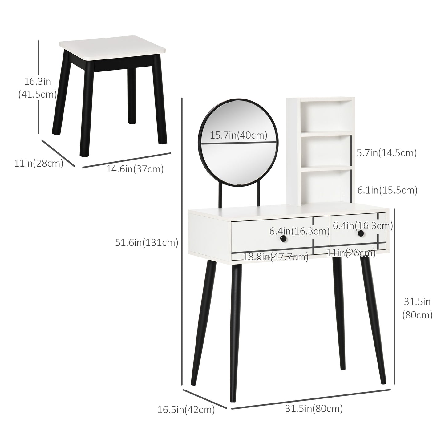 HOMCOM Vanity Desk with Stool, Makeup Vanity with Mirror, Wood Dressing Table with Storage Drawers and Shelf for Bedroom, White and Black