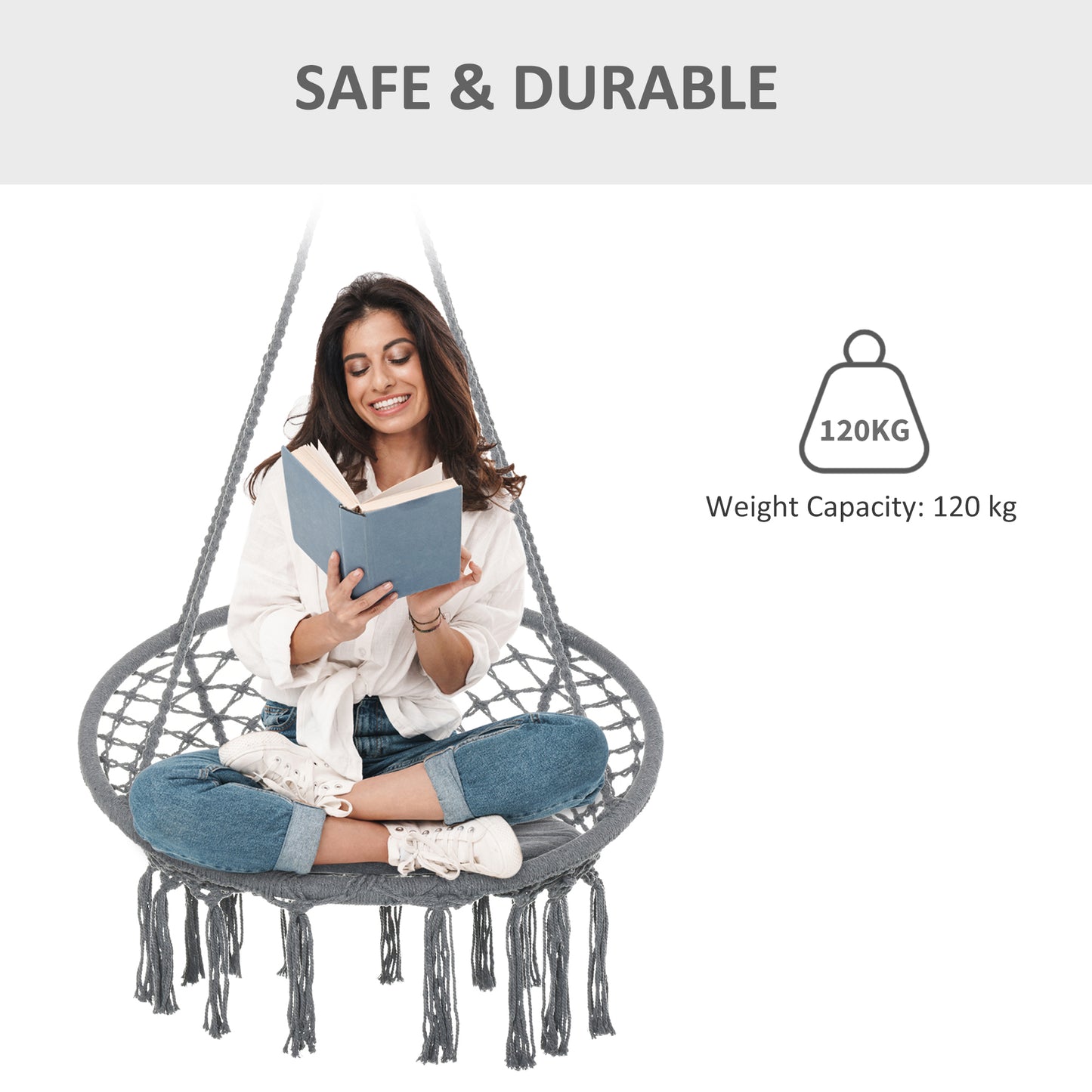 Outsunny Patio Hammock Chair, Hanging Rope Hammock Swing for Indoor & Outdoor Use with Backrest, Cotton-Polyester Blend, Fringe Tassels, Dark Grey