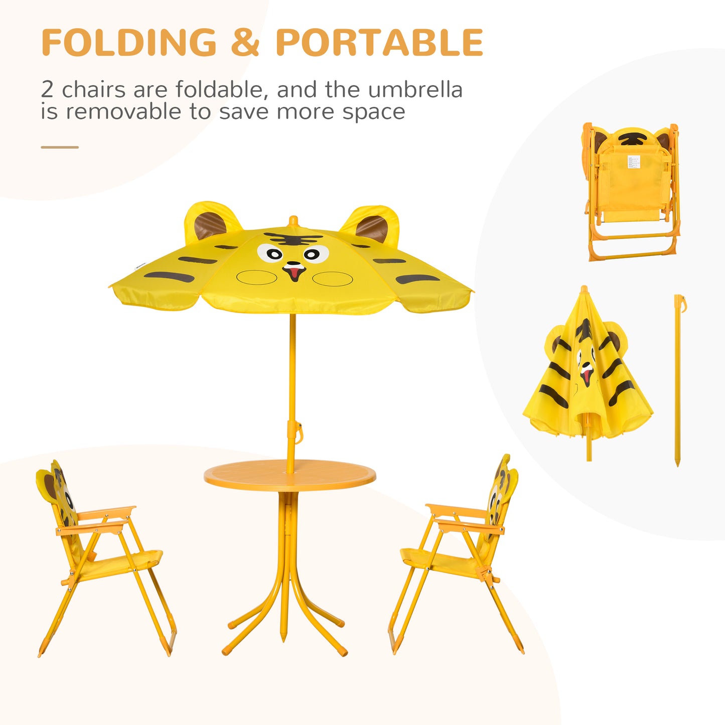 Outsunny Kids Folding Picnic Table and Chair Set Pattern Outdoor Garden Patio Backyard with Removable & Height Adjustable Sun Umbrella Brown