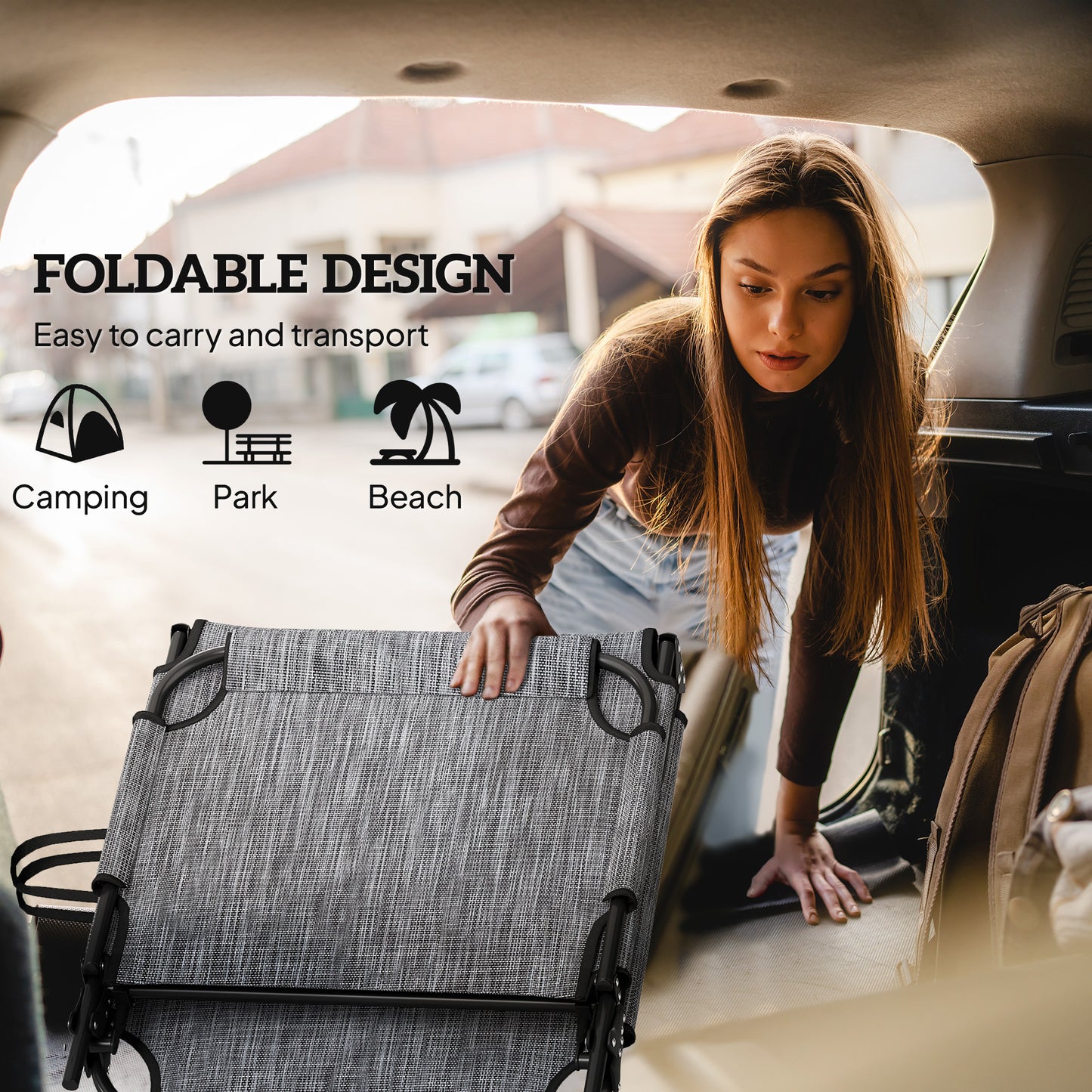 Outsunny 2-Piece Folding Lounge Chairs with Adjustable Backrest, Tanning Chair with Cushion, Side Pocket, Headrest, Grey