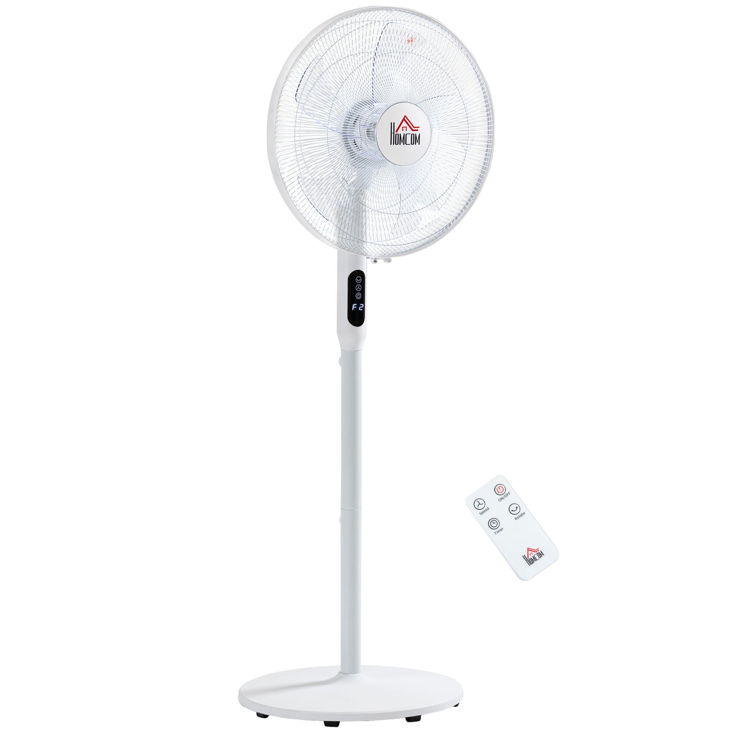 HOMCOM Floor Standing Fan with Remote Control, Oscillating, LED Screen, Stand Up Cooling Fan, Tall Pedestal Electric Fan for Home Bedroom, White