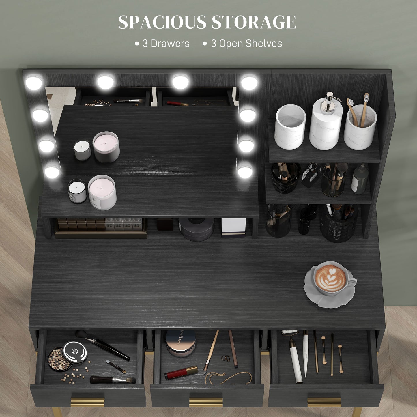 HOMCOM Illuminated Dressing Table, LED Vanity Table with Mirror, 3 Drawers and Storage Shelves for Bedroom, Black