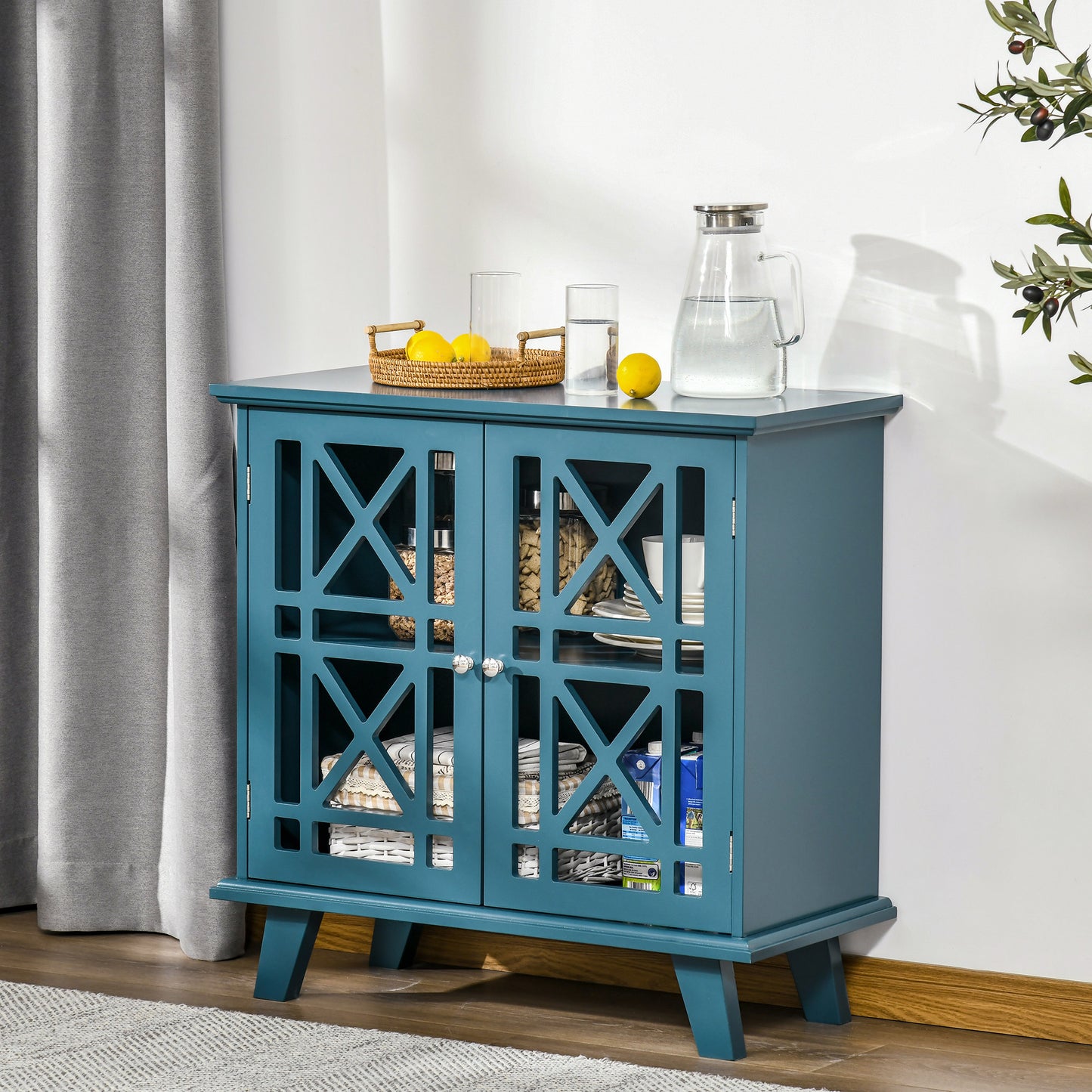 HOMCOM Storage Cabinet with Fretwork Doors and Shelf, Modern Freestanding Sideboard, Buffet, White