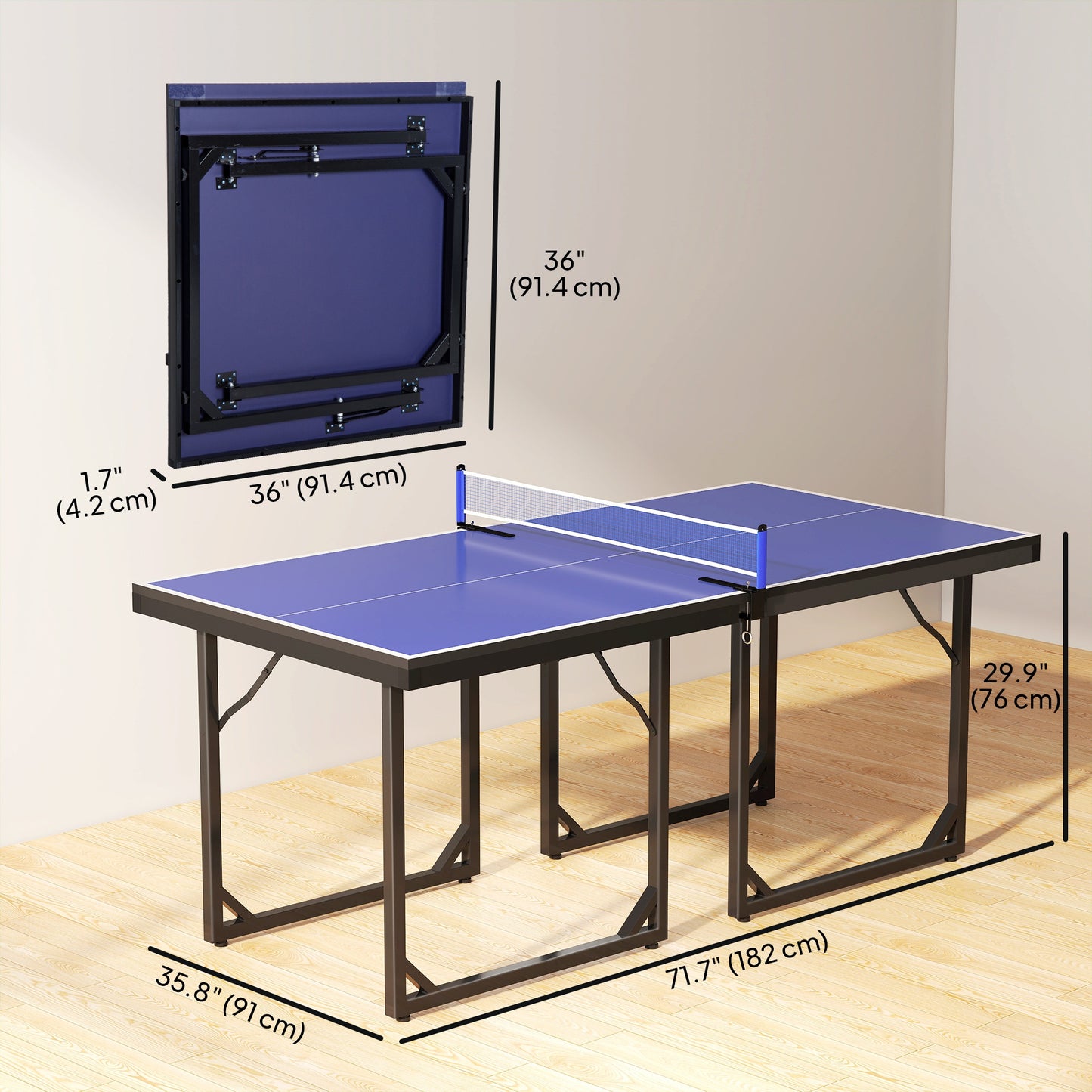 Soozier 6x3ft Compact Midsize Table Tennis Table Multi-Use Family Ping-pong Table Free Standing Folding Blue