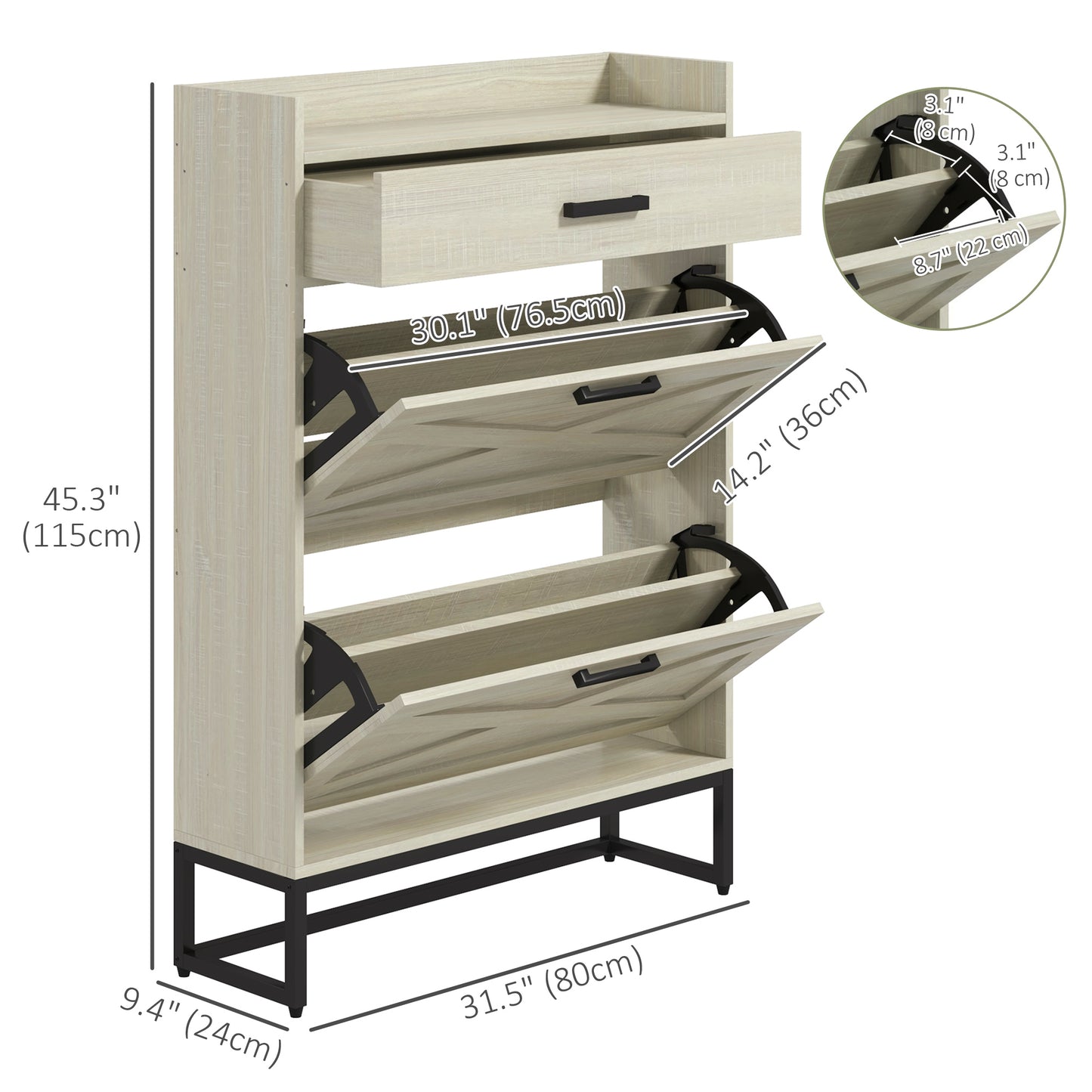 HOMCOM Slim Shoe Storage with 2 Flip Drawers and Adjustable Shelves Shoe Cabinet Organizer for 12 Pair, Distressed White