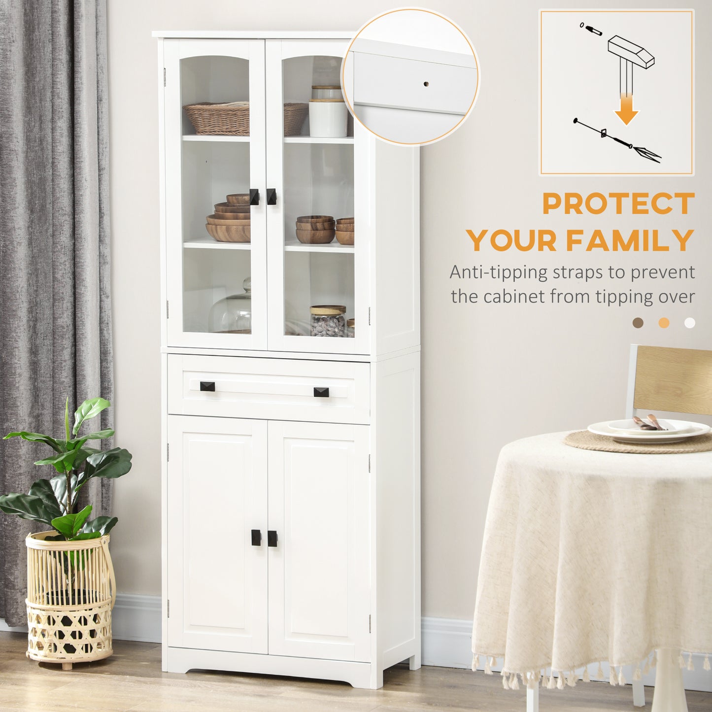 HOMCOM 63" 4-Door Kitchen Pantry Cabinet, Freestanding Storage Cabinet Cupboard with Adjustable Shelves, White
