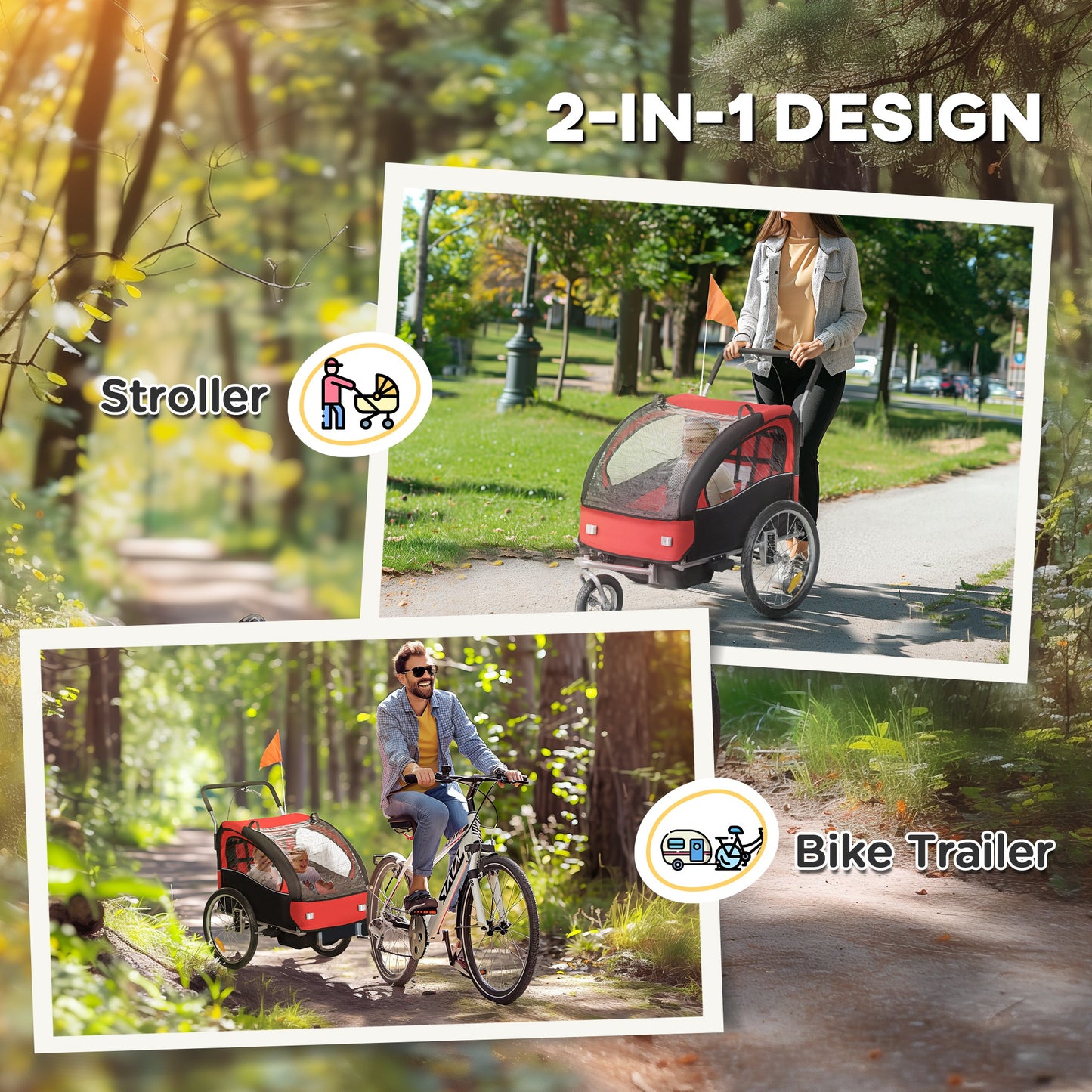 Aosom 2-in-1 Bike Trailer for Kids, Foldable 2-Seat Baby Stroller with 5-Point Harness, Rubber Wheels, Storage Bag, Black