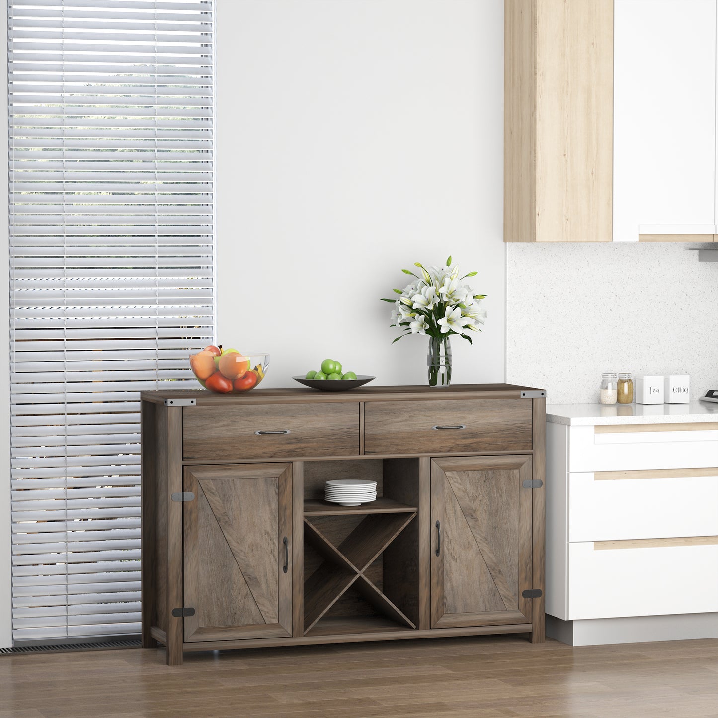 HOMCOM Farmhouse Bar Cabinet, Sideboards and Buffets with Doors, Wine Rack and Drawer, Storage Cabinet for Dining Room