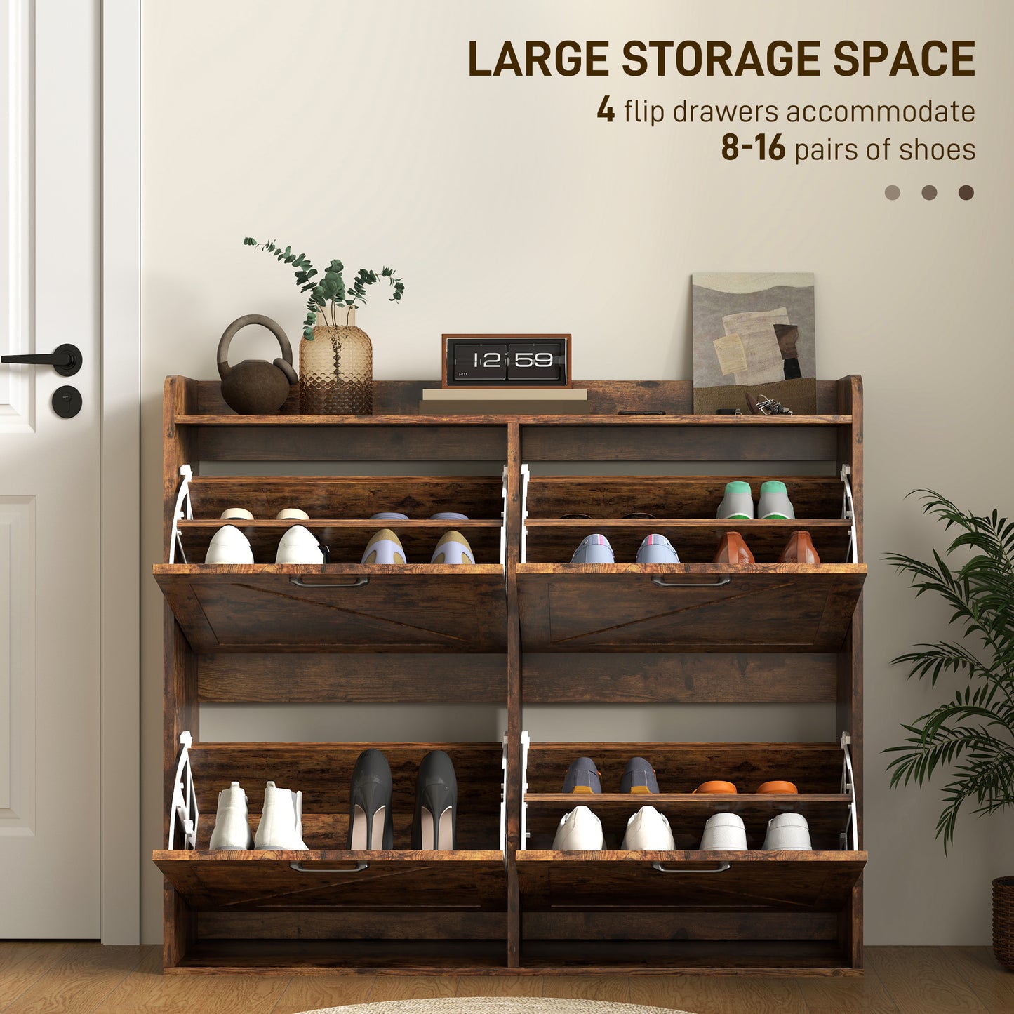HOMCOM Narrow Shoe Storage Cabinet with 4 Flip Drawers, Adjustable Shelves, 16 Pair Farmhouse Shoe Cabinet, Rustic Brown