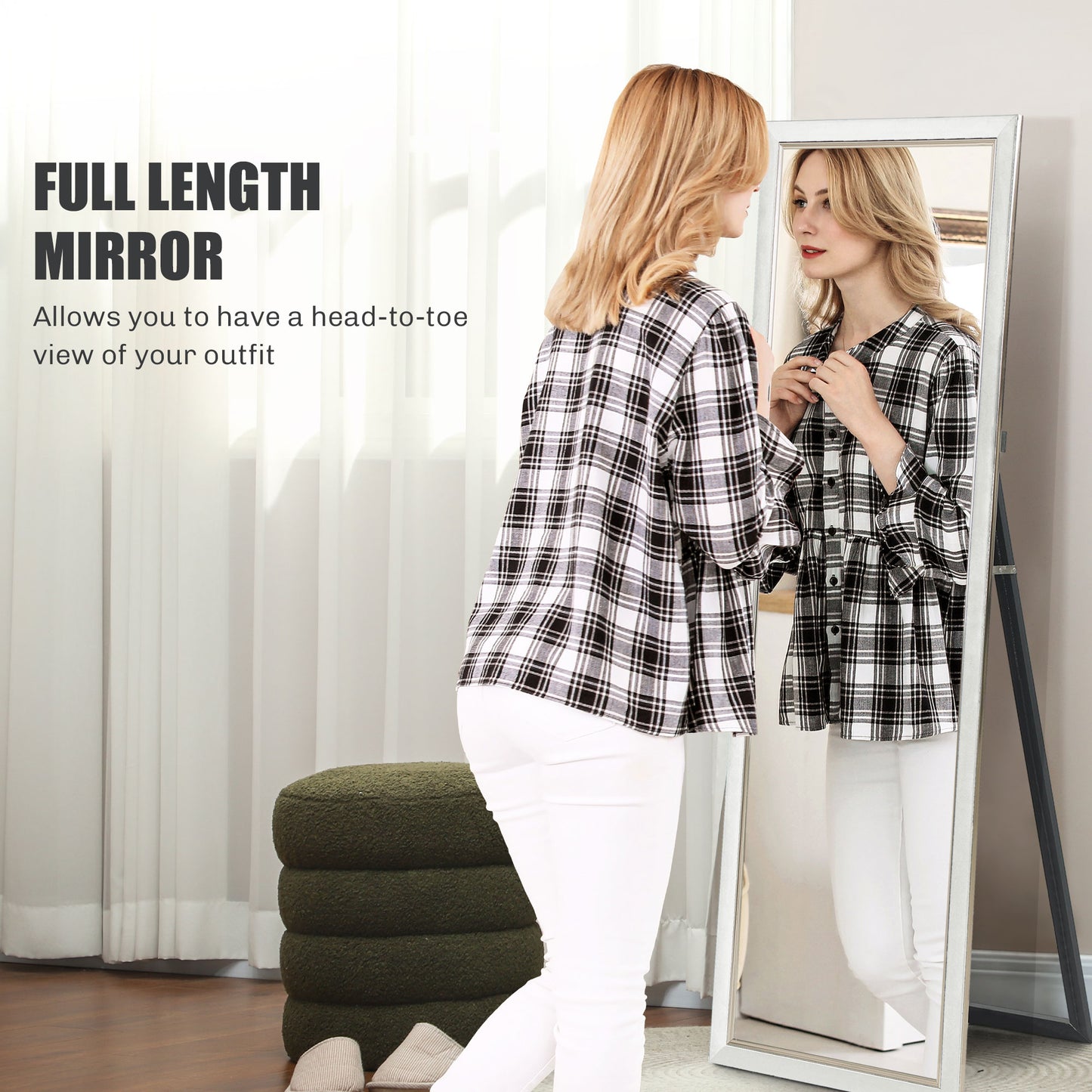 HOMCOM Floor Standing Mirror, Full Body Mirror, Free Standing, Leaning or Wall Mirror with Frame for Bedroom, Grey
