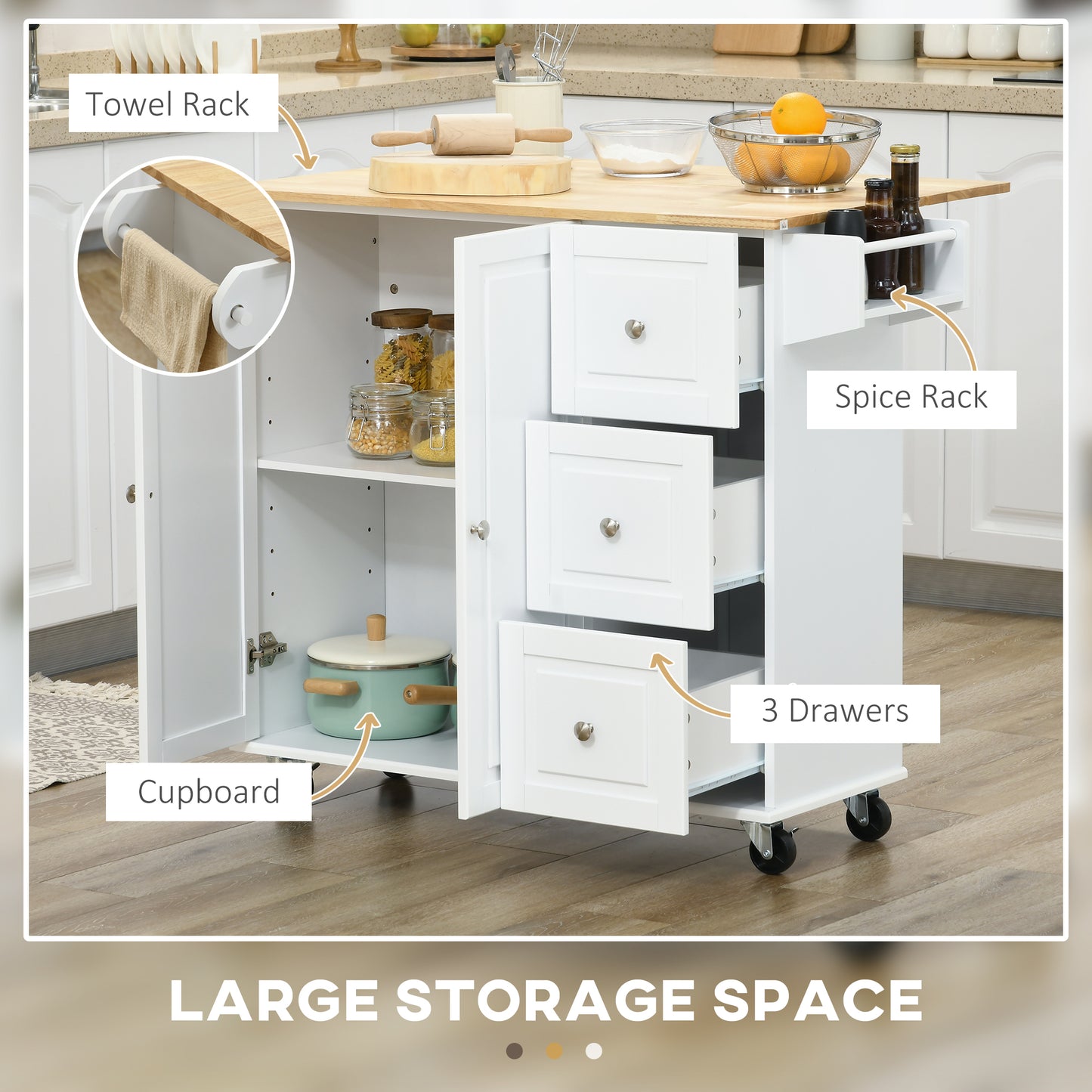HOMCOM Kitchen Island with Drop Leaf, Rolling Kitchen Cart on Wheels with 3 Drawers, Cabinet, Natural Wood Top, Spice Rack and Towel Rack, White