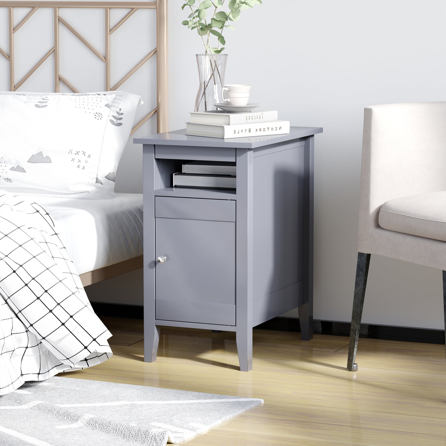HOMCOM Wooden3-Tier Modern Nightstand with Pullout Shelf, Adjustable Open Shelf, and Door Cabinet, White