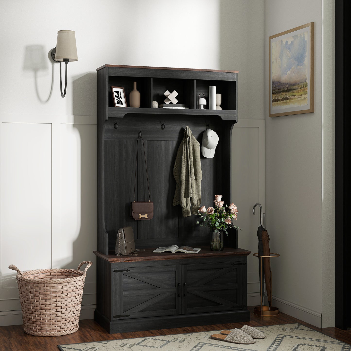 HOMCOM 3-in-1 Hall Tree with Bench, Coat Rack with Shoe Storage, Distressed Black