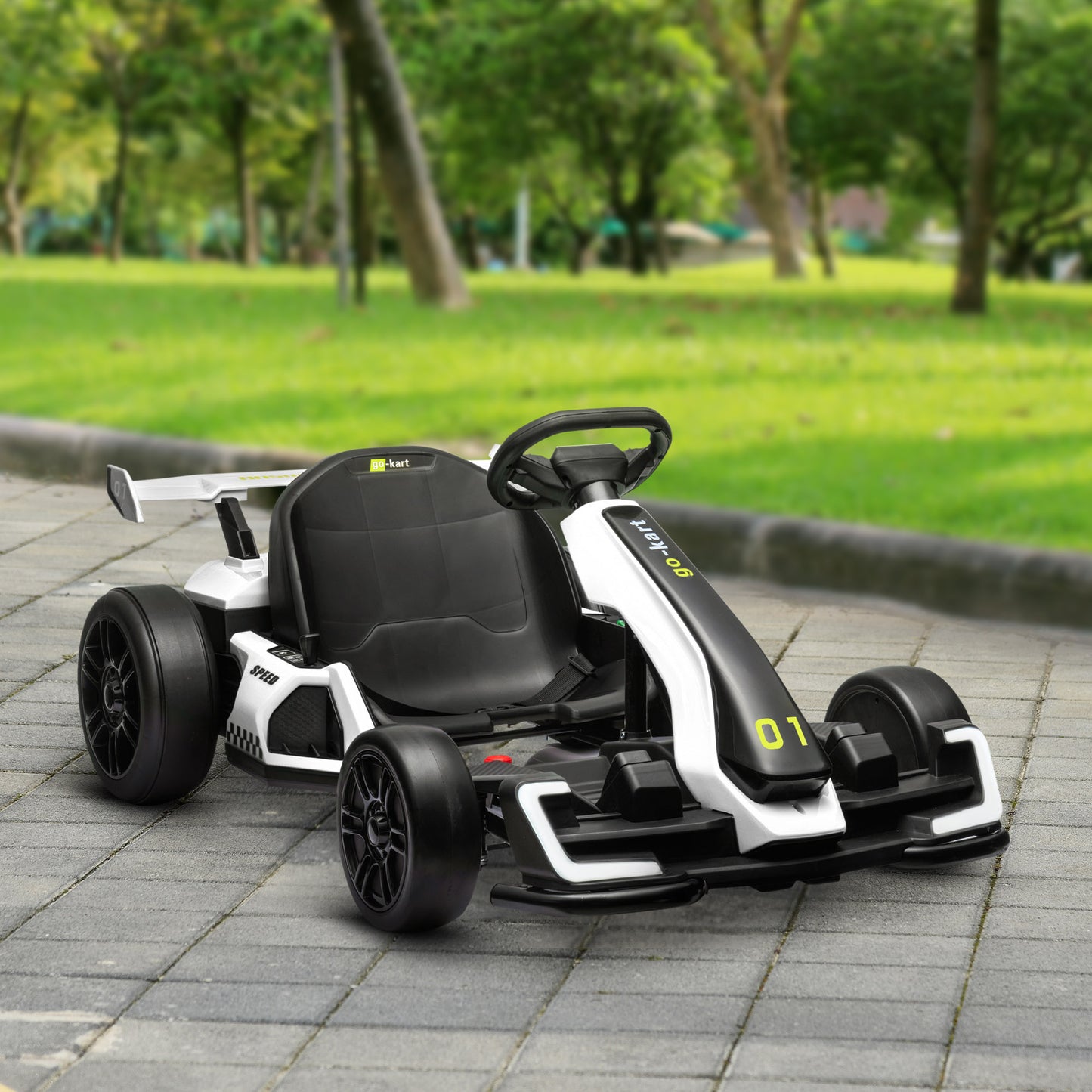 Aosom 24V Electric Go Kart, Battery Powered Kids Drift Kart with Adjustable Seat, Seat Belt, Horn, Music, Light, White