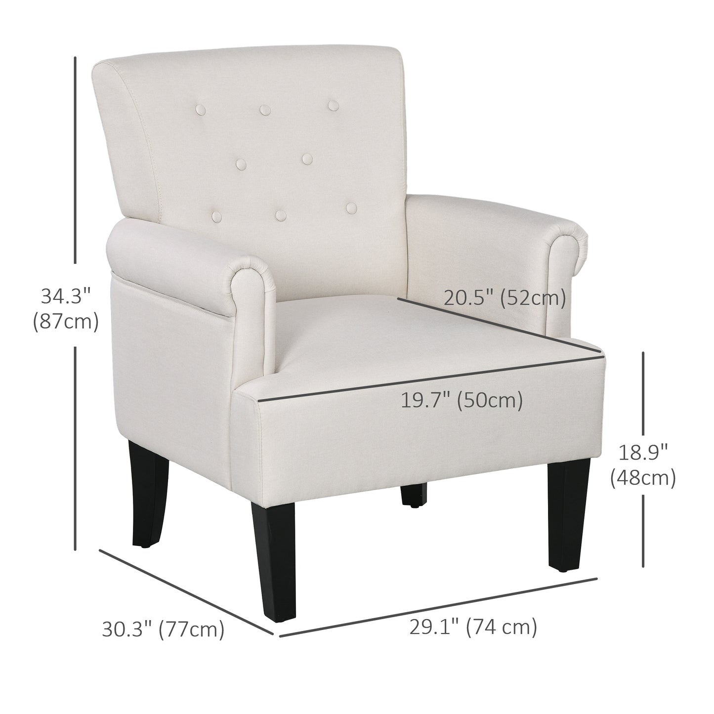 HOMCOM Armchair, Fabric Accent Chair, Modern Living Room Chair with Wood Legs and Rolled Arms for Bedroom, Grey