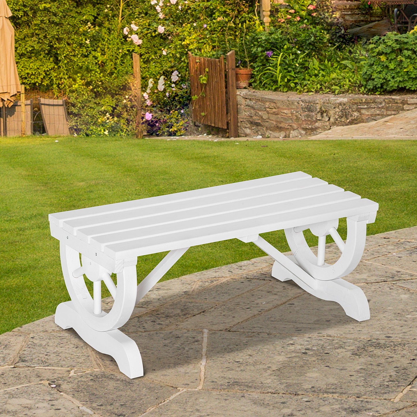 Outsunny Rustic Wood Wheel Outdoor Garden Bench for 2-Person with a Unique Wheel Design on the Legs & Strong Build, White