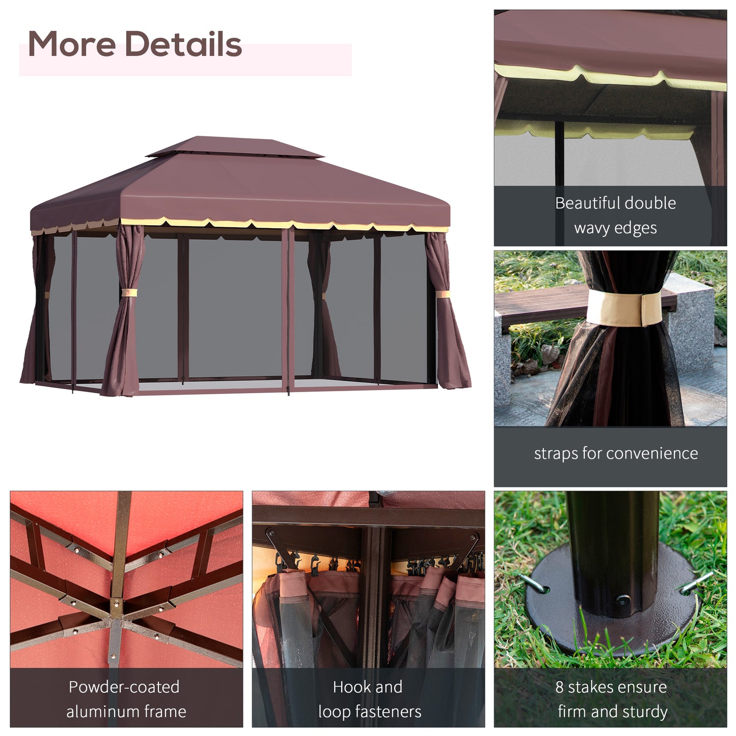 Outsunny 10 x 13ft Aluminum Frame Gazebo Canopy Double Tier Garden Shelter with Netting and Curtains, Coffee