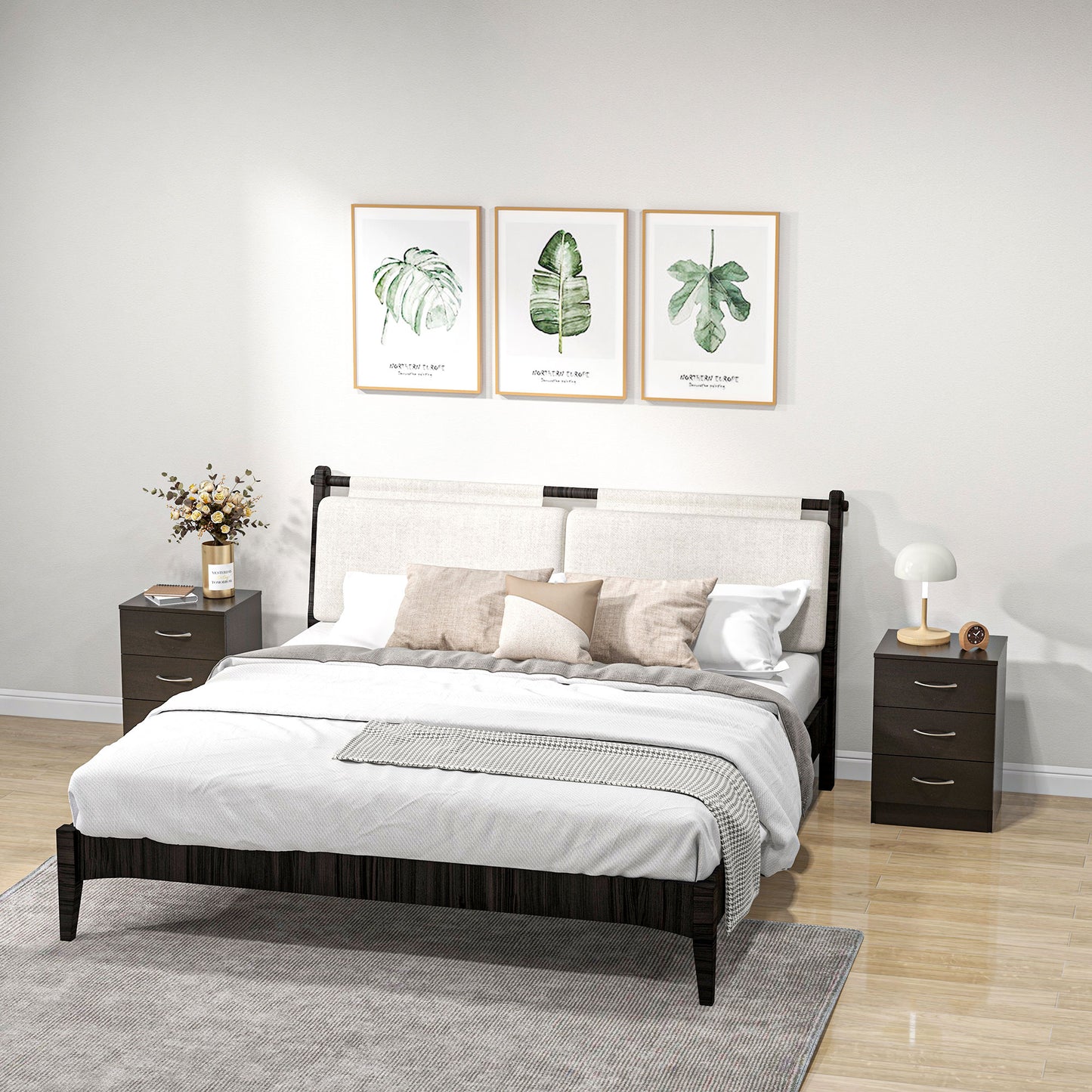 HOMCOM Bedside Table, Modern Night Stand with 3 Drawers and Metal Rail for Bedroom, Dark Brown