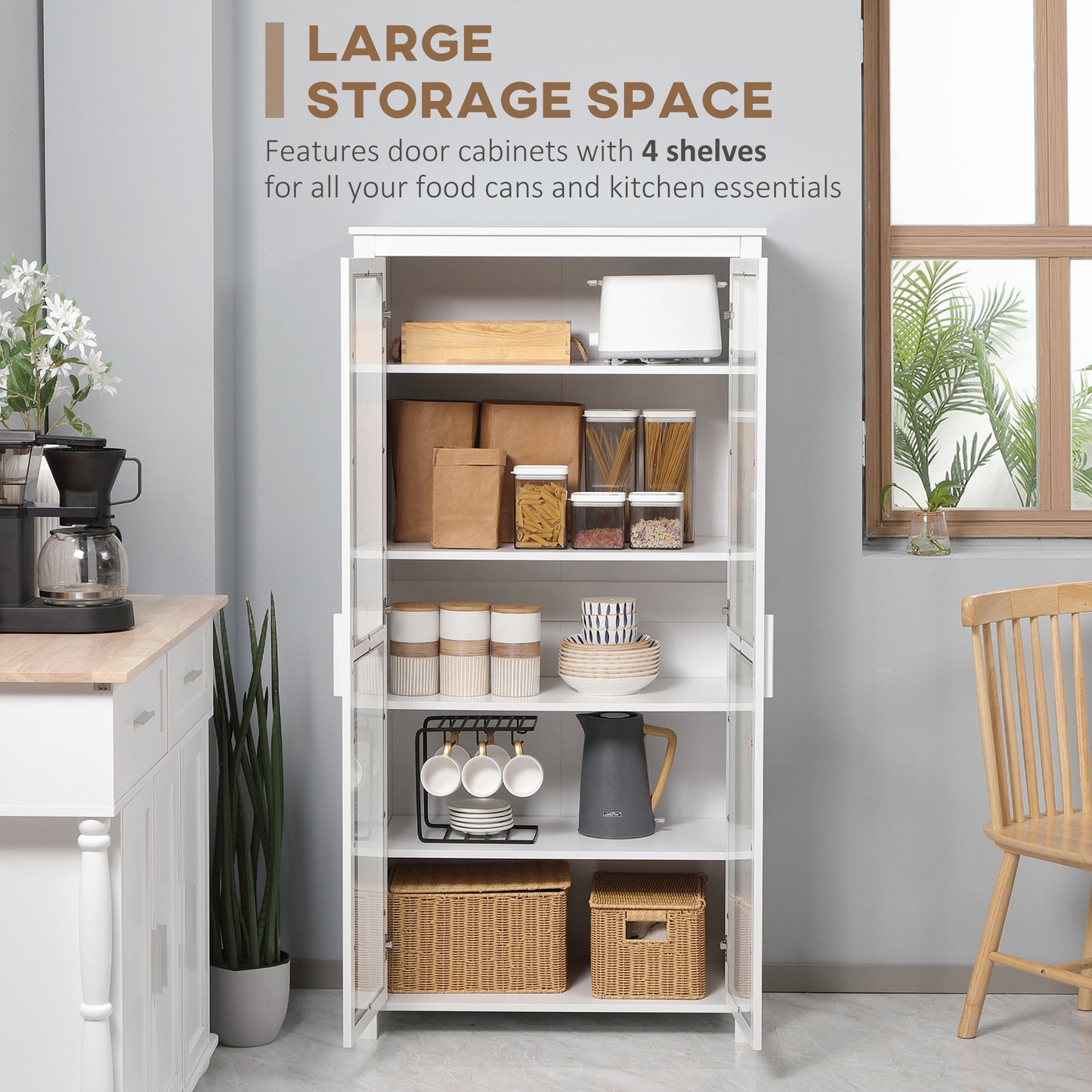 HOMCOM Freestanding Kitchen Pantry, Buffet Cabinet, 5-tier Storage Cabinet with Adjustable Shelves and 2 Glass Doors, White