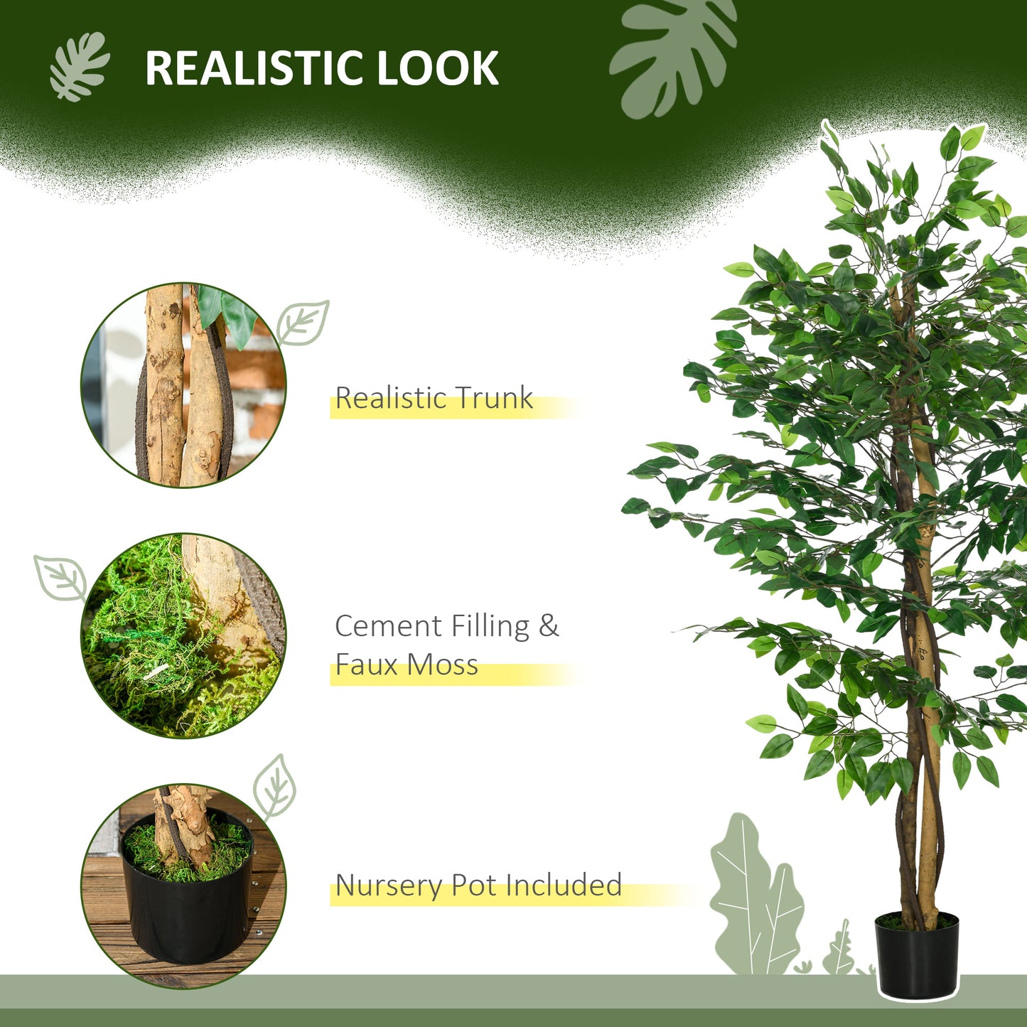HOMCOM Set of 2 5ft Artificial Trees Ficus, Indoor Fake Plants with Pot, for Home Decor