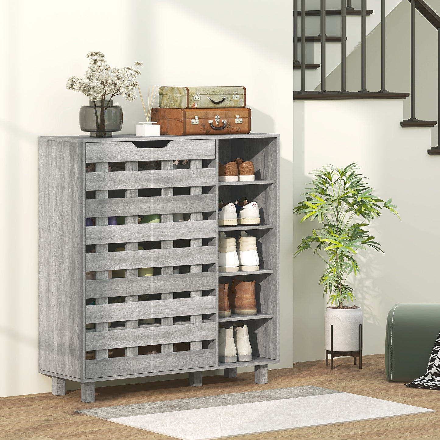 HOMCOM Shoe Cabinet, 21 Pair Shoe Storage Cabinet Organizer with 5-tier Double Door Cabinet and 5-tier Open Shelves, Light Grey