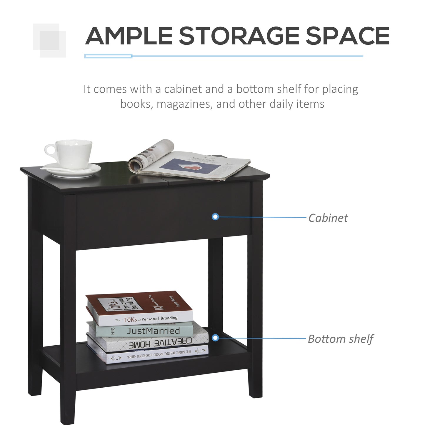 HOMCOM End Side Table in Flip Top Design with Cabinet and Bottom Shelf, Storage Furniture Decoration for Bedroom Living Room Office, Dark Coffee