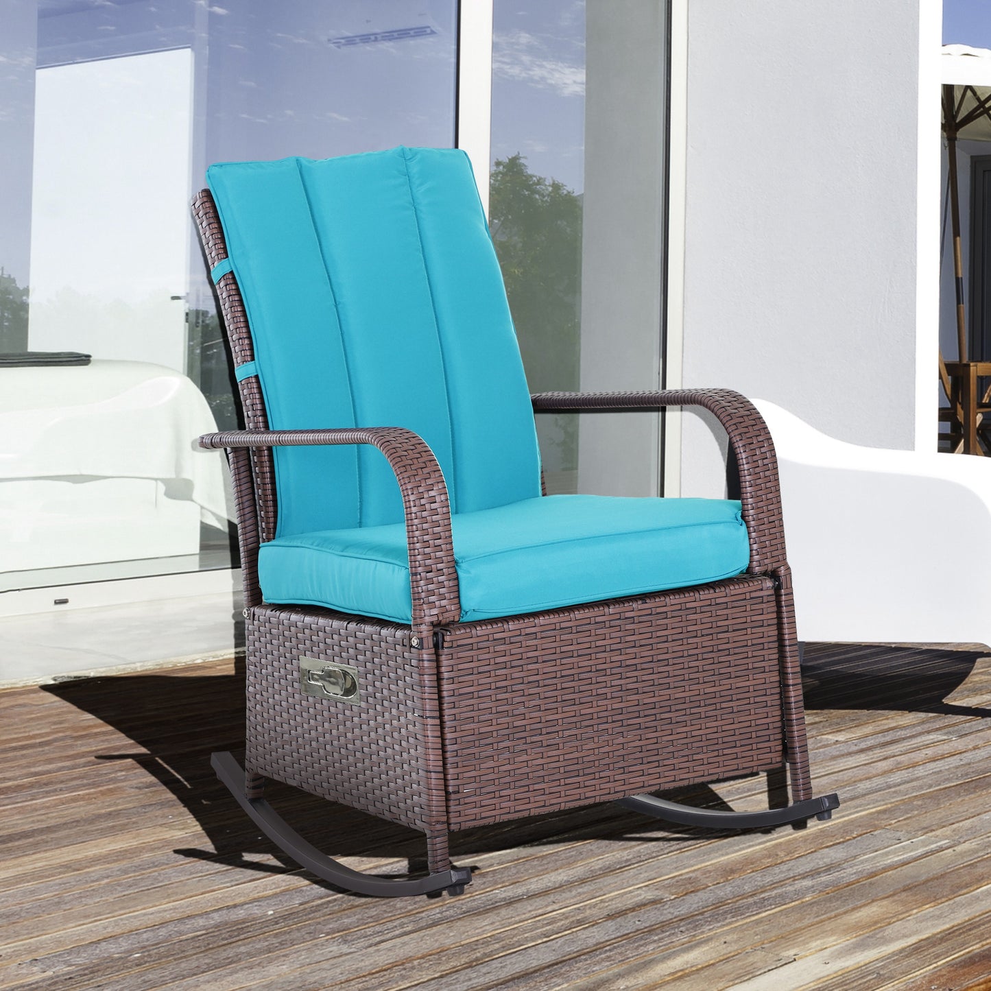 Outsunny Outdoor Wicker Rocking Chair with Cushion, Patio PE Rattan Recliner Chair with Adjustable Footrest, Armrests, Dark Blue