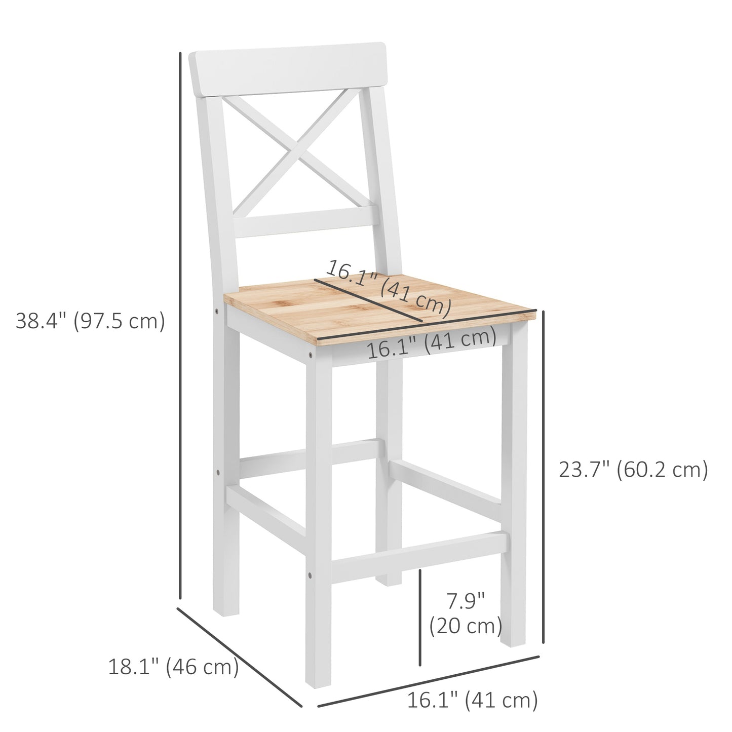 HOMCOM Counter Height Stools Set of 2, Farmhouse Bar Stools with Backs, Solid Wood Counter Stools for Kitchen Island