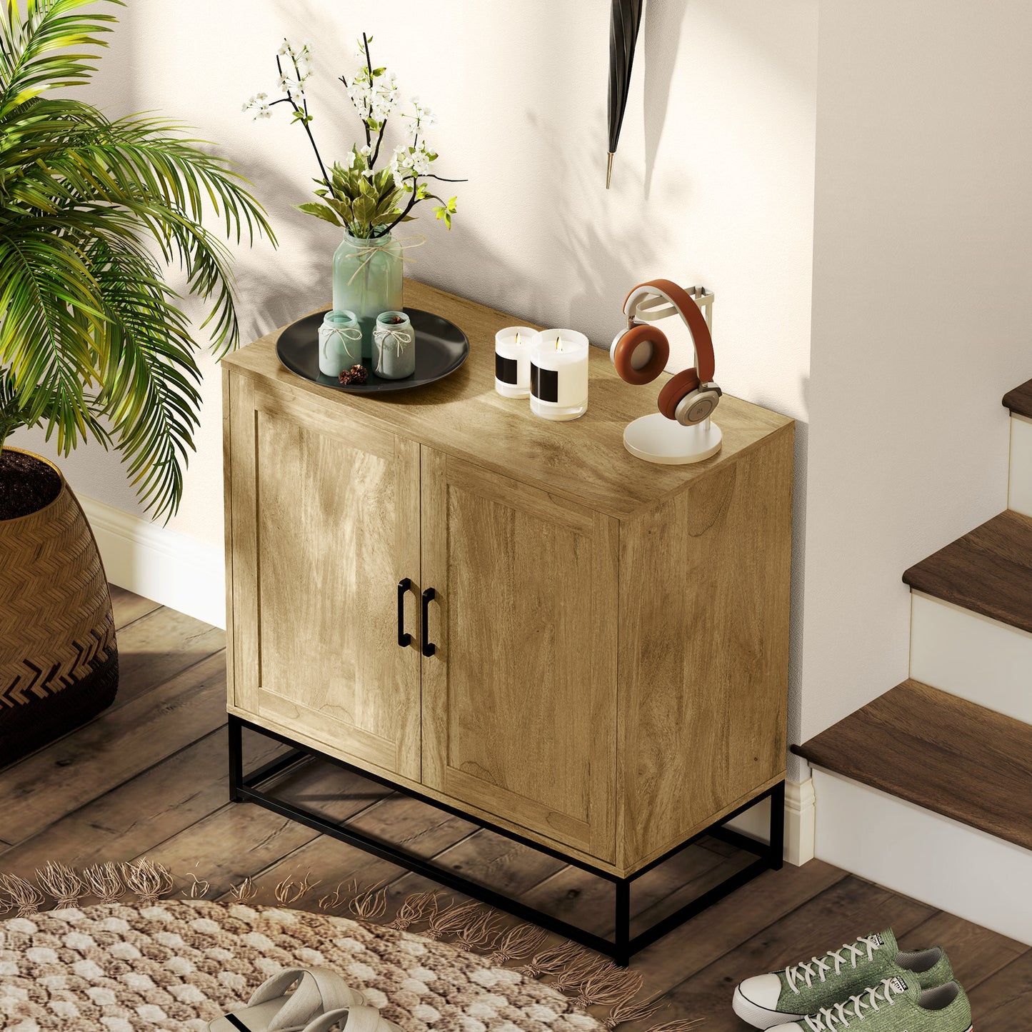 HOMCOM Kitchen Storage Cabinet, Wood Effect Sideboard Buffet Cabinet with Adjustable Shelf and 2 Doors, Nature Wood