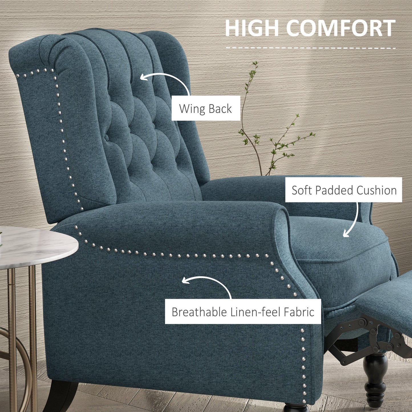 HOMCOM Wingback Reclining Chair with Footrest, Button Tufted Recliner Chair with Rolled Armrests for Living Room, Light Grey