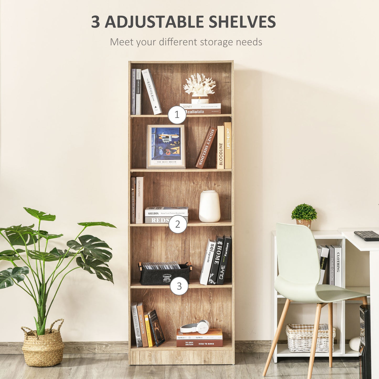 HOMCOM 5-Tier Bookcase, Storage Bookshelf, Display Shelves with Adjustable Shelves for Living Room, Home Office, Nature Wood