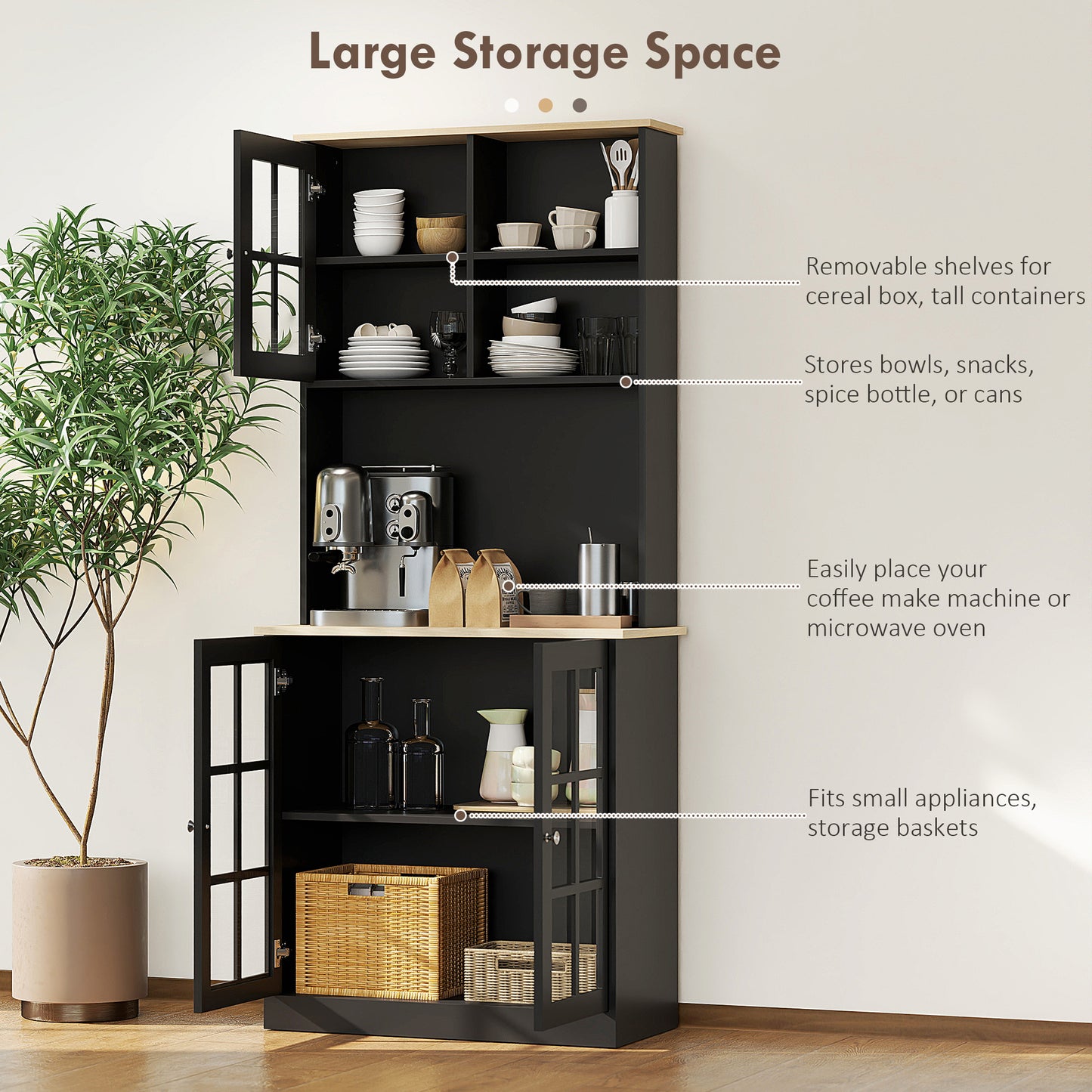 HOMCOM Kitchen Buffet with Hutch, Storage Pantry with 3 Cabinets, 2 Open Shelves and Large Countertop, Black
