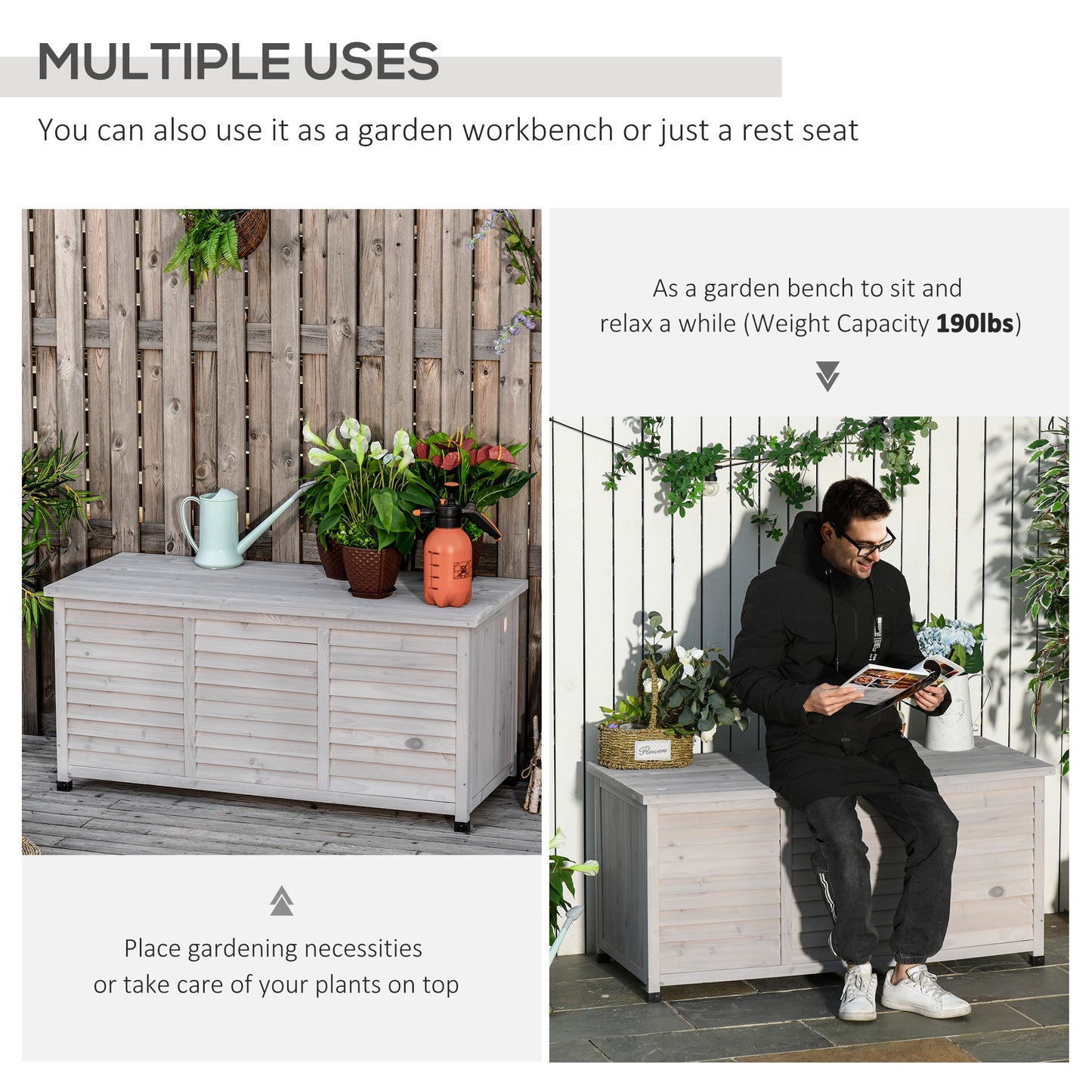 Outsunny 75 Gallon Wooden Storage Box patio Deck Box Bench, Garden Backyard Outdoor Storage Container with Aerating Gap & Weather-Fighting Finish, White