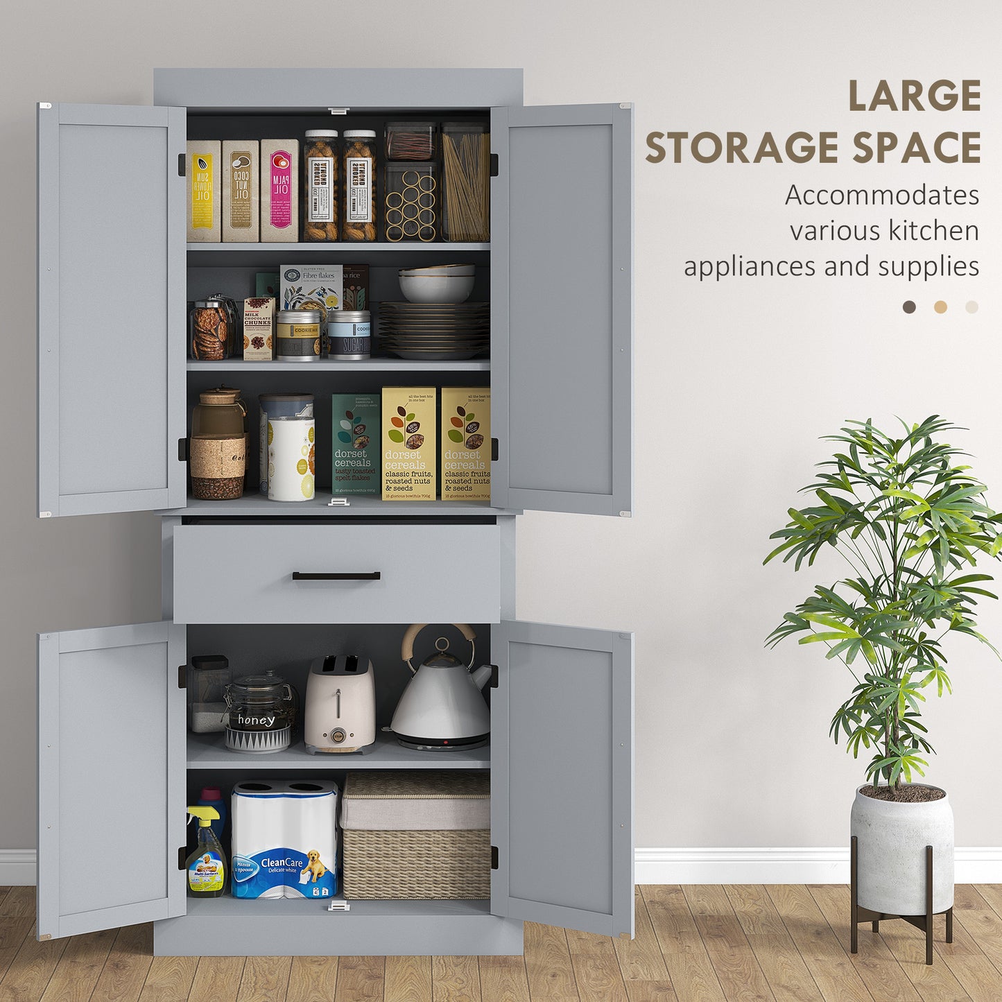 HOMCOM 72" Kitchen Storage Cabinet, Farmhouse Kitchen Pantry Cabinet with 4 Barn Doors, Drawer, Adjustable Shelves, Grey