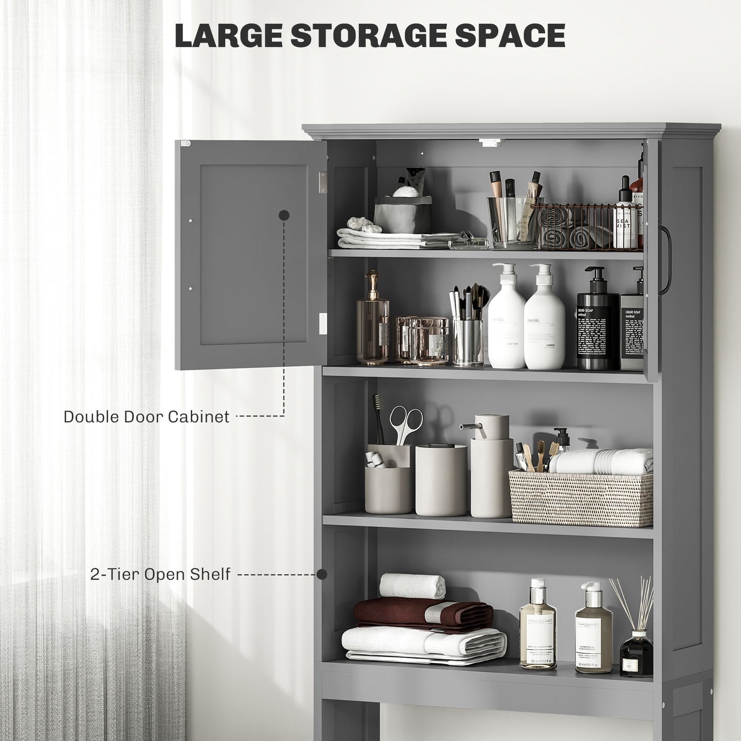 kleankin Modern Over The Toilet Storage, Bathroom Cabinets Over Toilet with Open Shelves and Double Door Cabinet, White