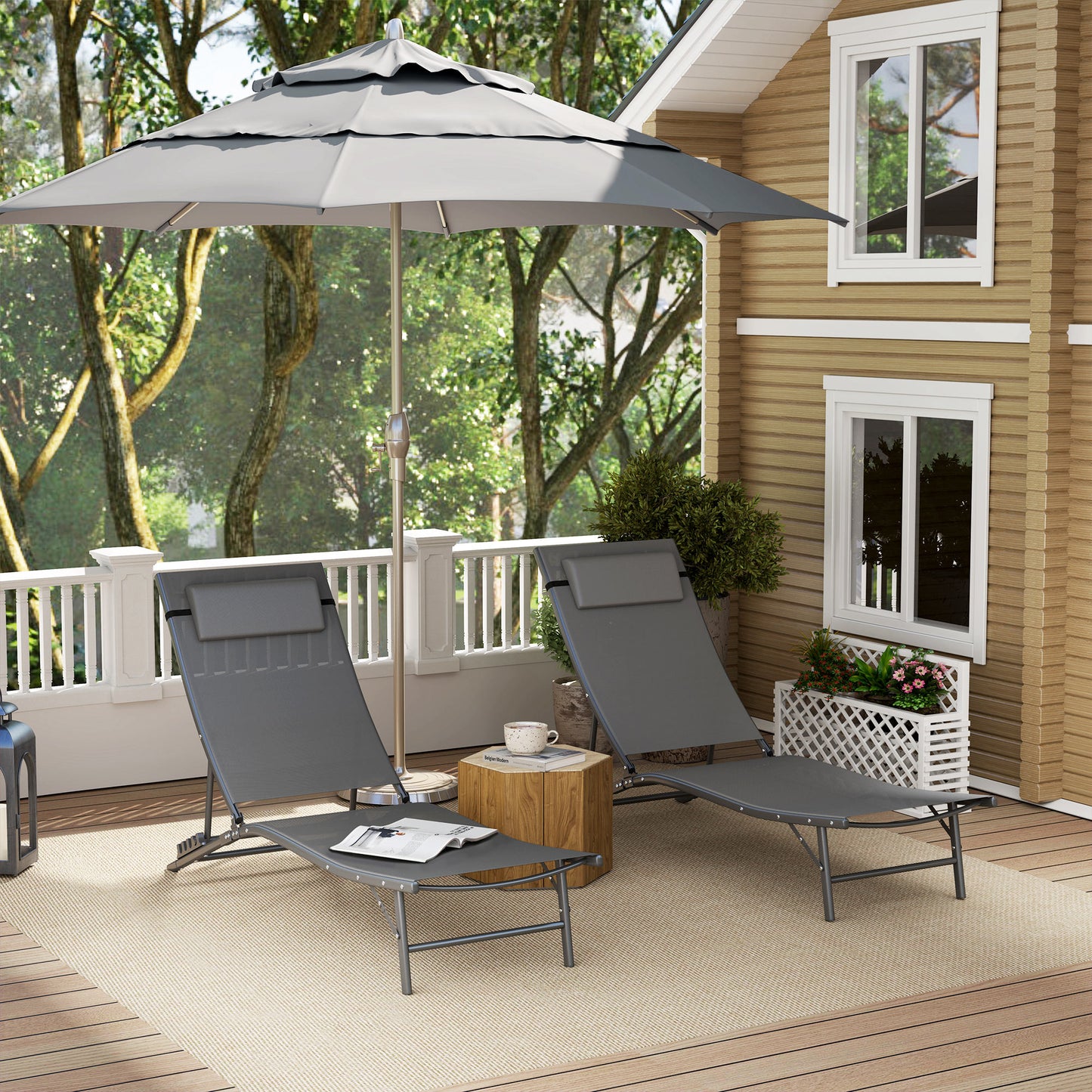 Outsunny Folding Chaise Lounge Chair Set of 2, Reclining Outdoor Lounge Chair Set with Quick Drying Pad Headrest Side Pocket, Tanning Chair Set for Beach Garden Pool, Light Grey