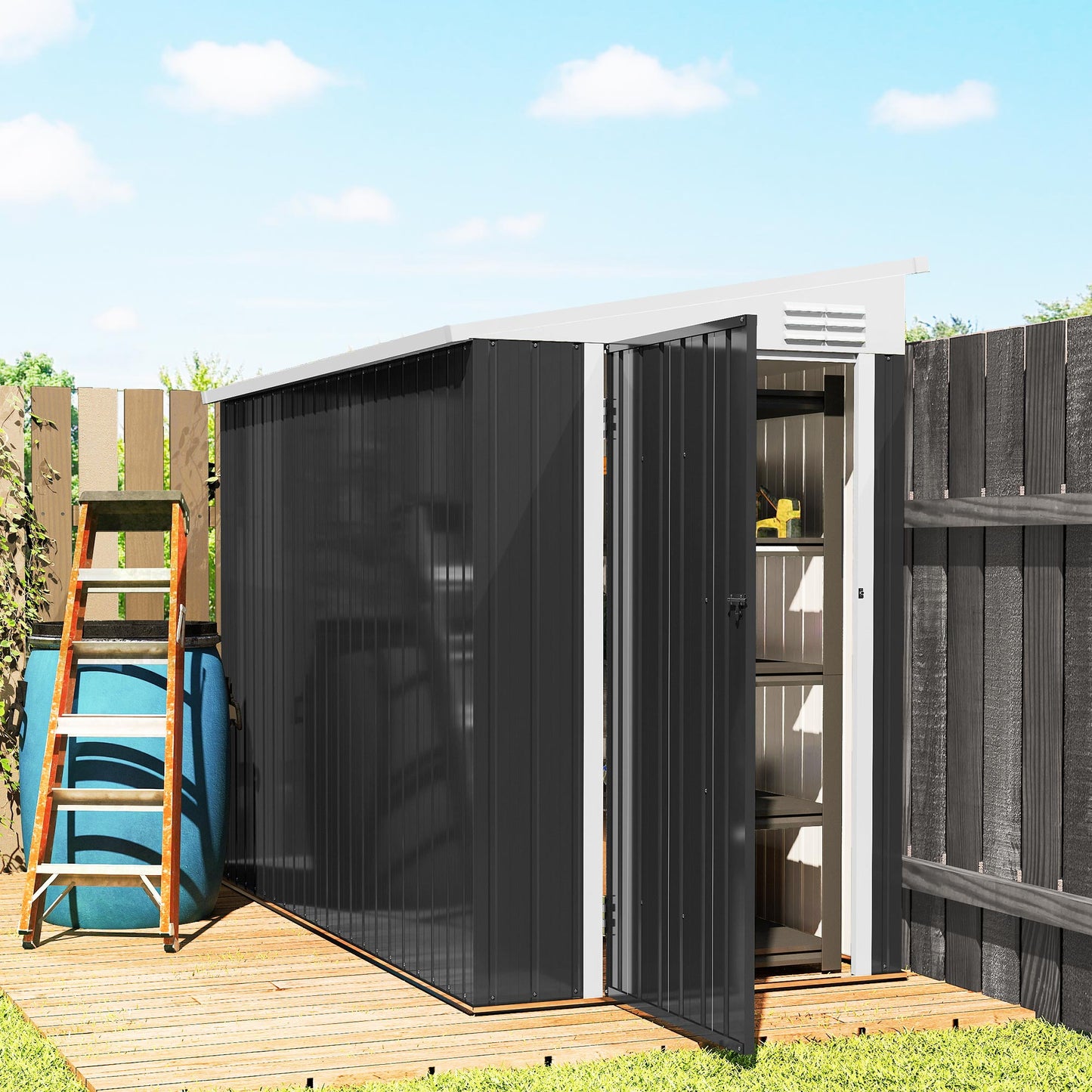 Outsunny 4' x 8' Outdoor Storage Shed Lean to Shed Outdoor Metal Tool Shed with Lockable Door and Air Vents, Dark Grey