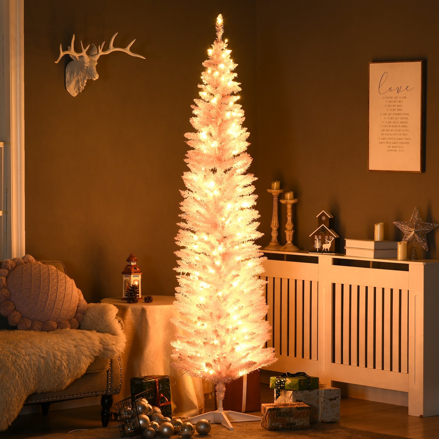 HOMCOM 7' Pre Lit Artificial Pencil Christmas Trees, Xmas Tree with Realistic Branches and Warm White LED Lights, Pink
