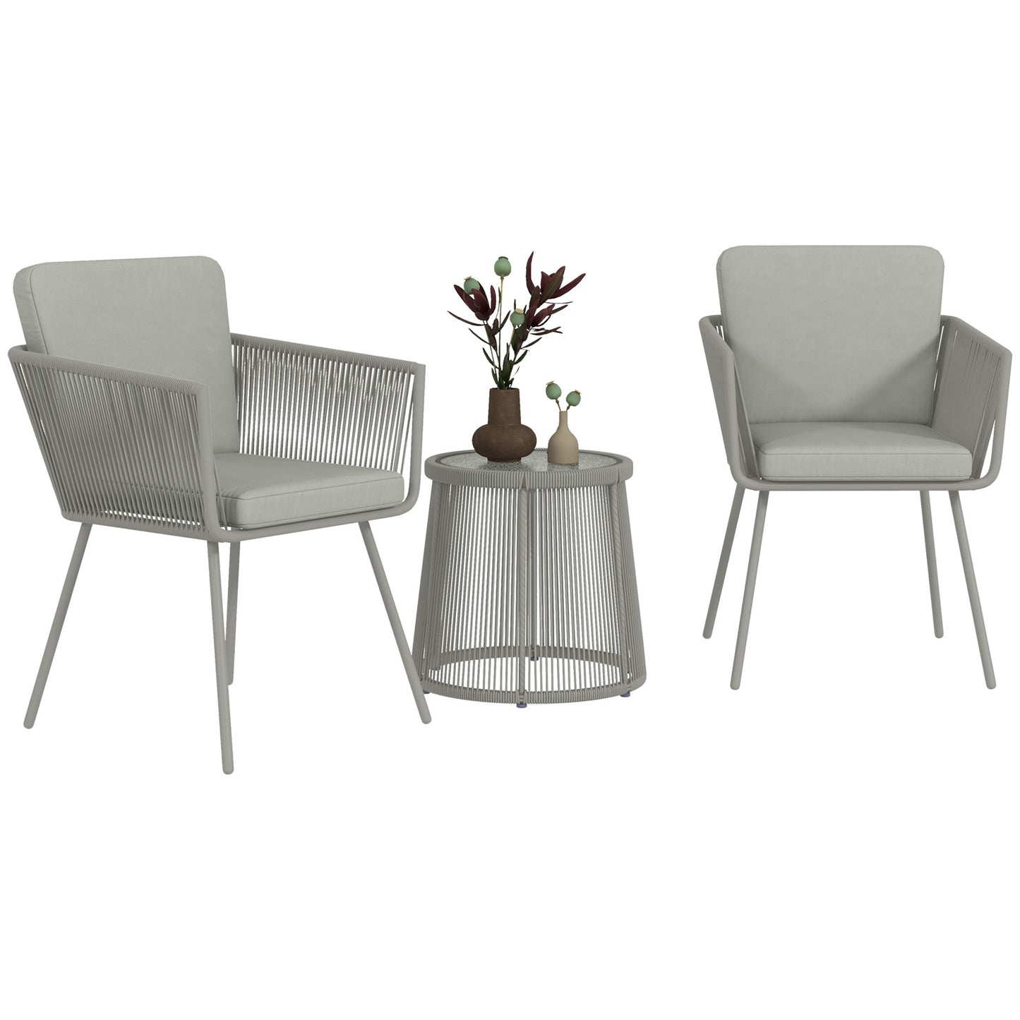 Outsunny 3 Piece Outdoor Patio Bistro Set, Wicker Rattan Furniture with Metal Legs for Garden, Backyard, Light Grey