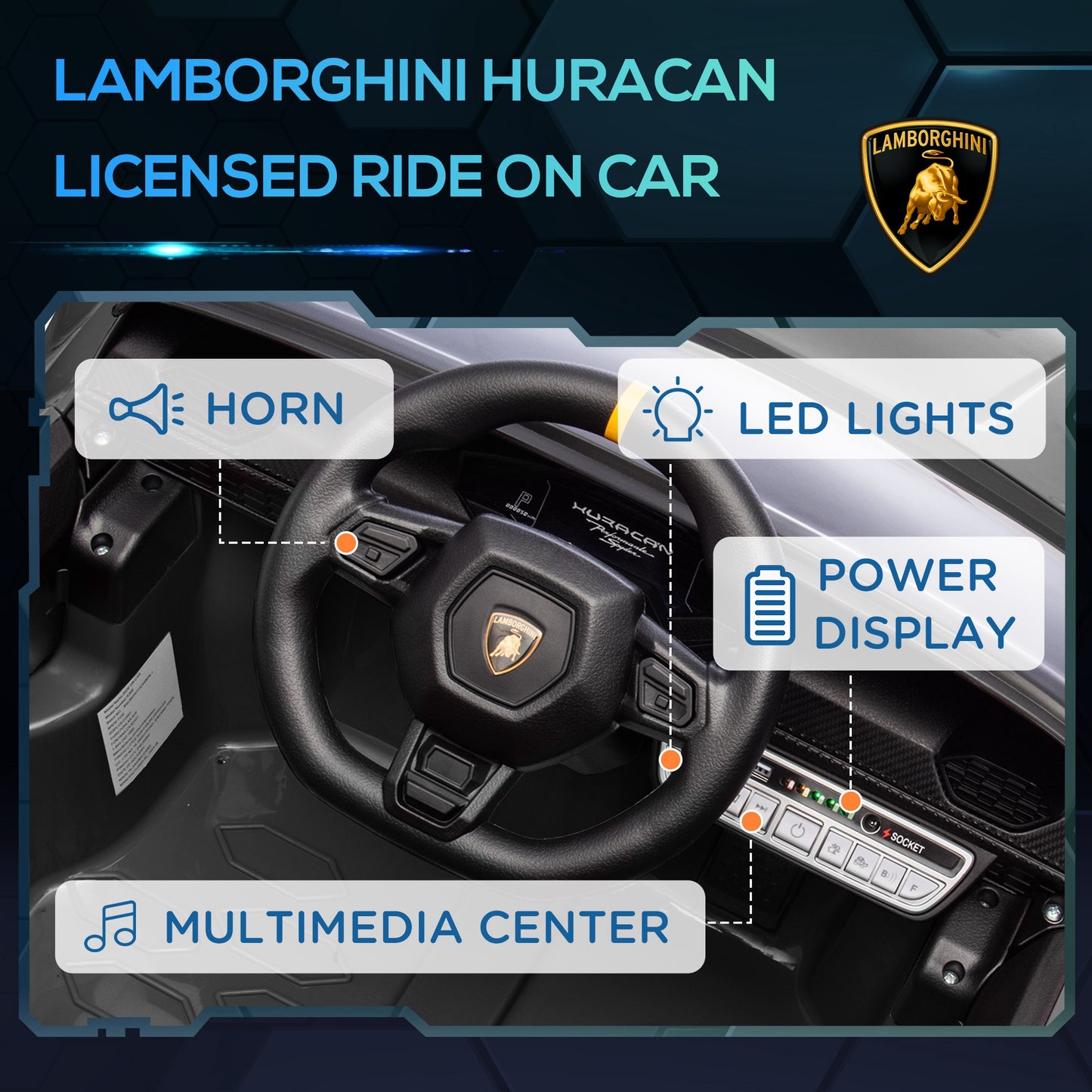 Qaba 12V Lamborghini Huracan Licensed Kids Electric Car with Remote Control, Spring Suspension, Transport Wheels, Yellow
