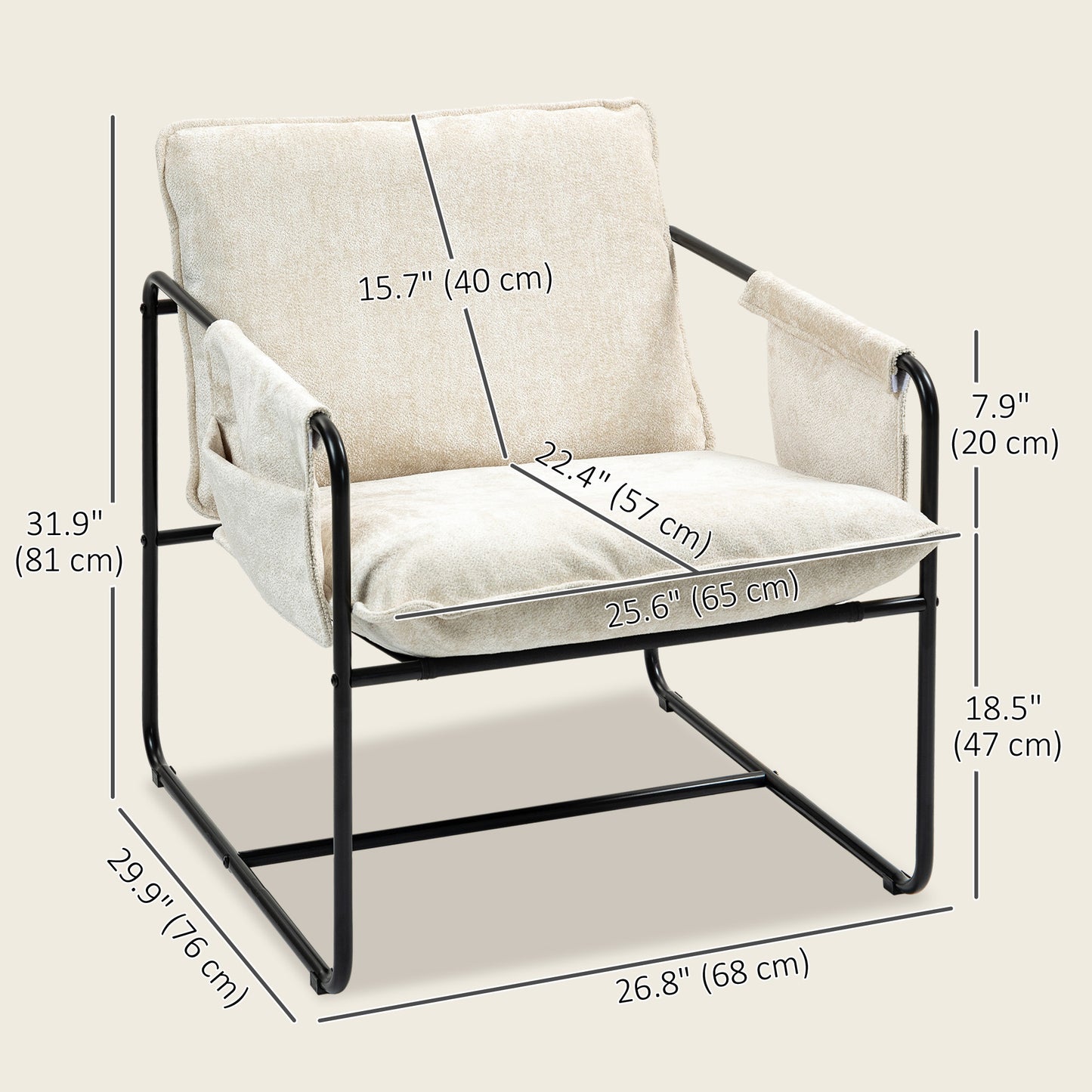 HOMCOM Modern Accent Chair, Upholstered Armchair with Side Pockets and Steel Frame, Comfy Reading Chair for Bedroom, Grey