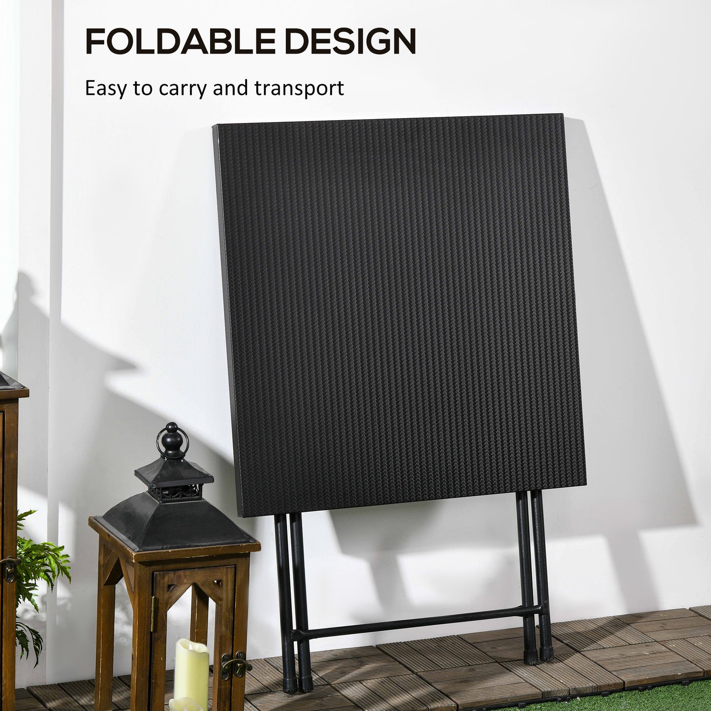 Outsunny Folding Coffee Table, Folding Patio Table, Square Small Side Table with Metal Plate Top, 23.6" x 23.6", Black