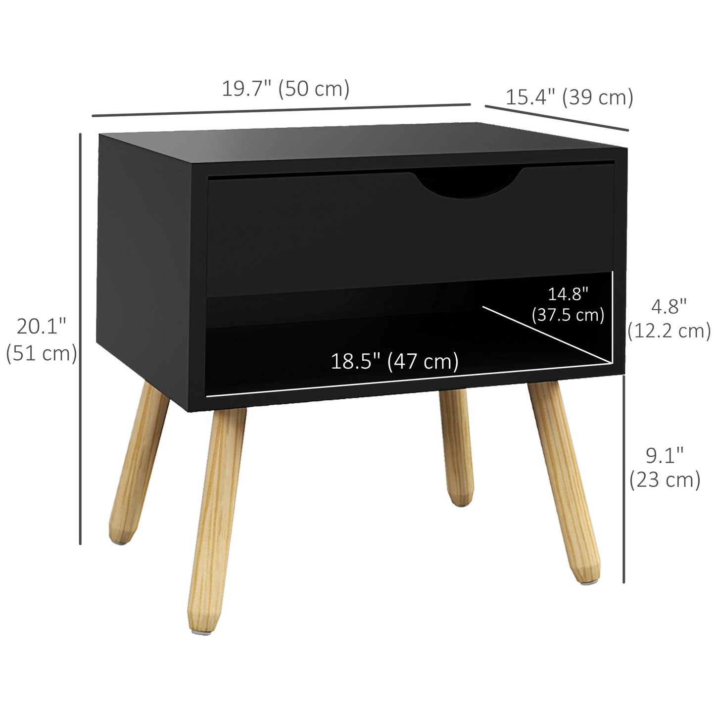HOMCOM Set of 2 Bedside Table with Drawer and Shelf, Modern Nightstand with Wooden Legs, End Table for Bedroom, White