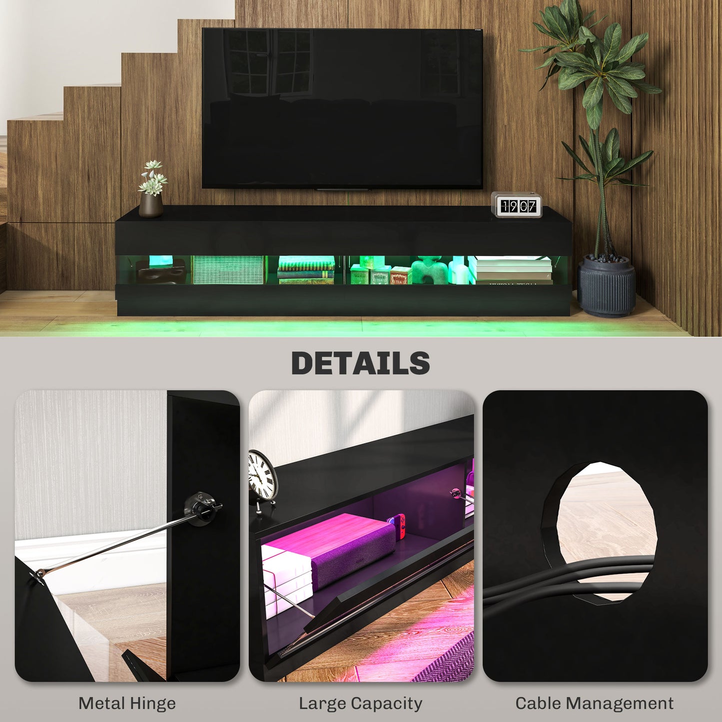 HOMCOM Lighted TV Stand for TVs up to 75", TV Cabinet with Storage for Living Room, High Gloss White
