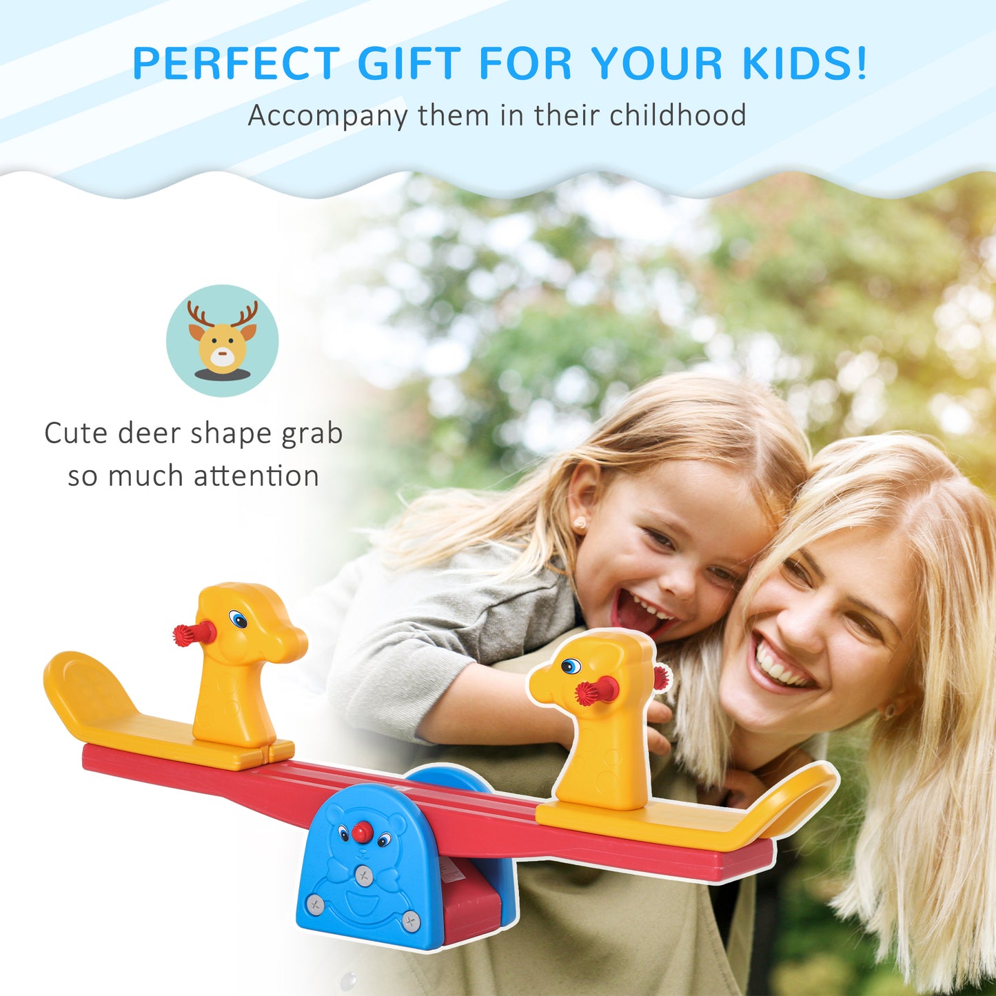 Qaba Kids Seesaw Safe Teeter Totter 2 Seats with Easy-Grip Handles Indoor Outdoor Living Room Playroom Backyard Equipment, for 12-48 Months, Multicolor
