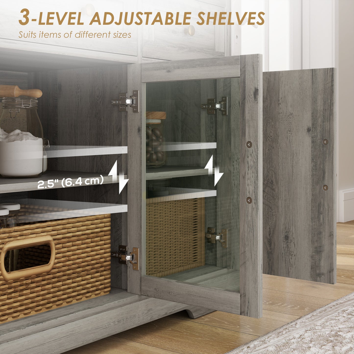 HOMCOM Sideboard Buffet Cabinet with Storage, Coffee Bar Cabinet with Glass Doors and Adjustable Shelves, Distressed White