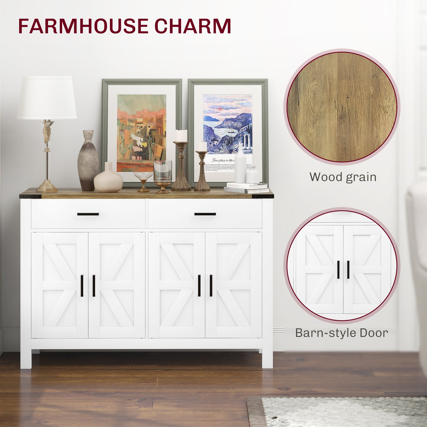 HOMCOM Farmhouse Buffet Cabinet Sideboard with 1 Drawer, 1 Storage Cabinet and Adjustable Shelf, White
