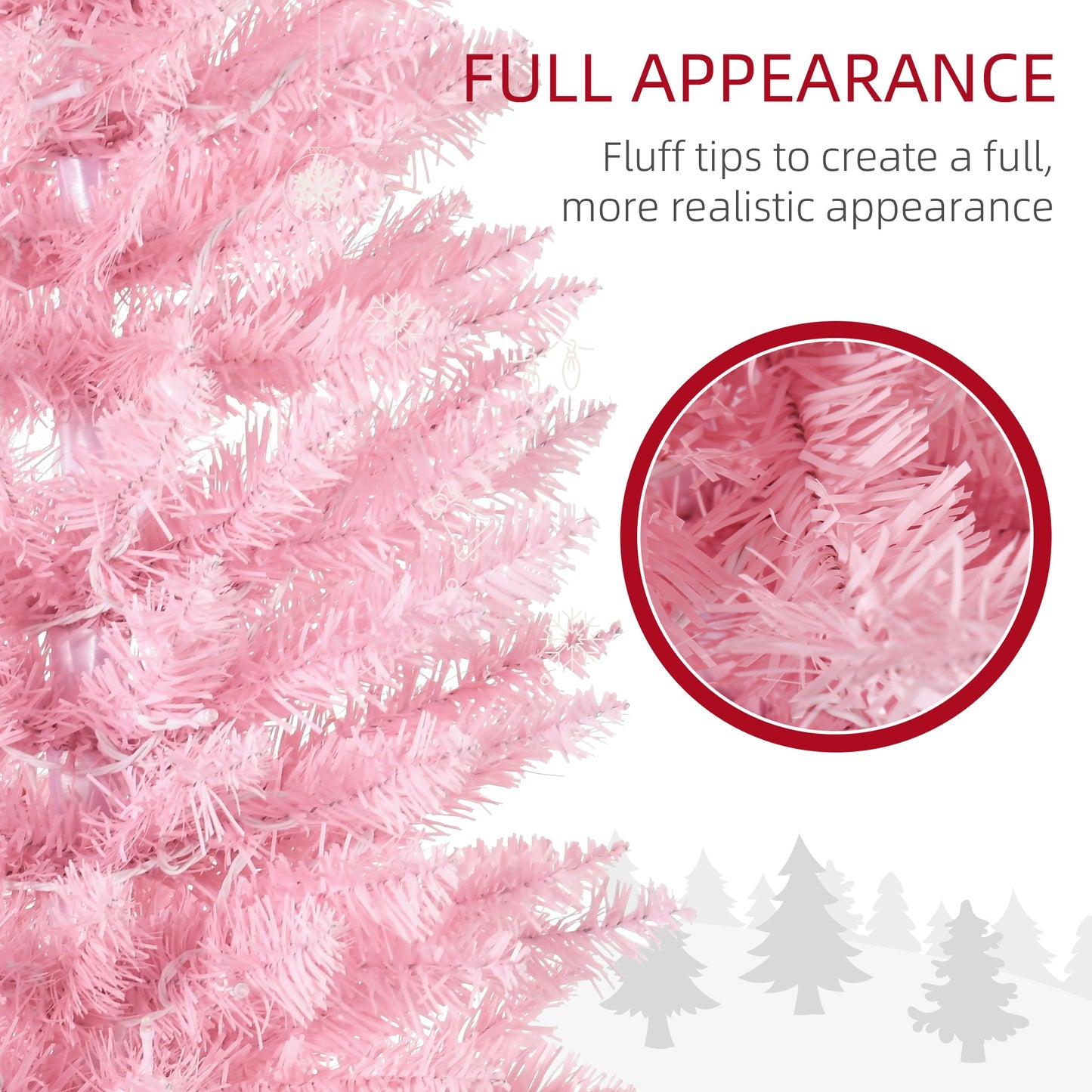 HOMCOM 7' Pre Lit Artificial Pencil Christmas Trees, Xmas Tree with Realistic Branches and Warm White LED Lights, Pink