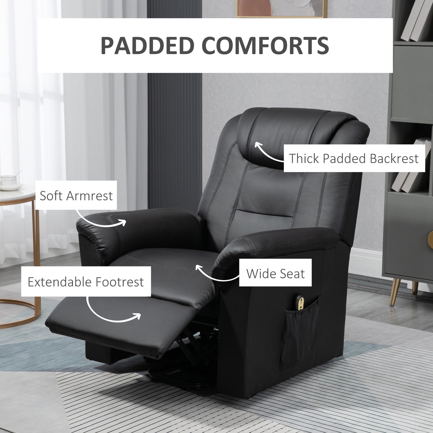 HOMCOM Electric Power Lift Chair for Elderly, PU Leather Recliner Sofa with Footrest and Remote Control, Side Pockets for Living Room, Black