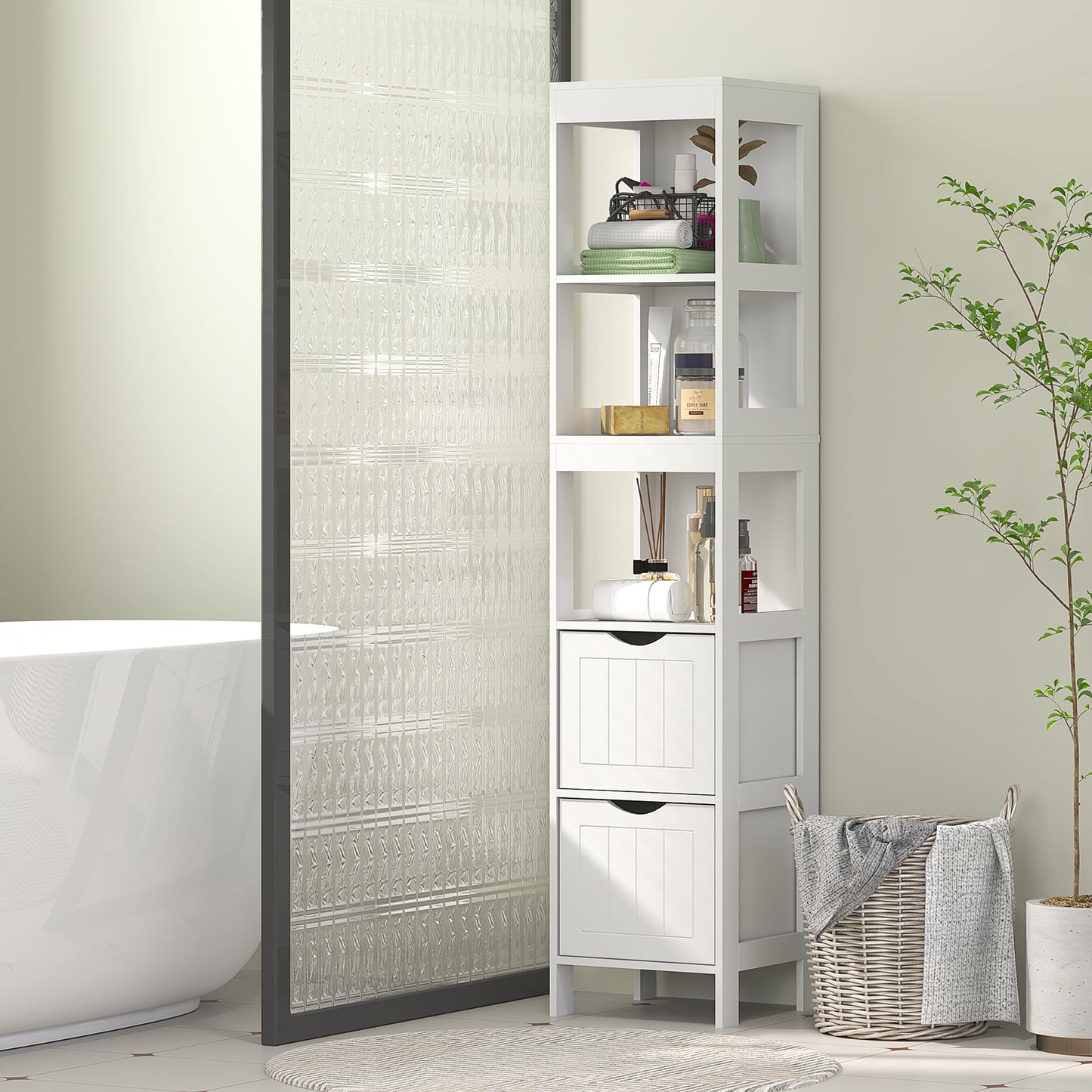 HOMCOM Narrow Bathroom Storage Cabinet, Bathroom Cabinet with 2 Drawers & 3 Open Shelves, Slim Bathroom Floor Cabinet, White